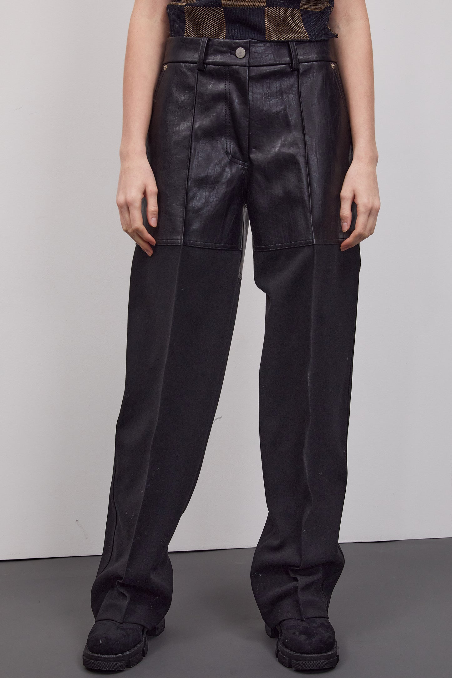 Leather-Paneled Wide Trousers, Black