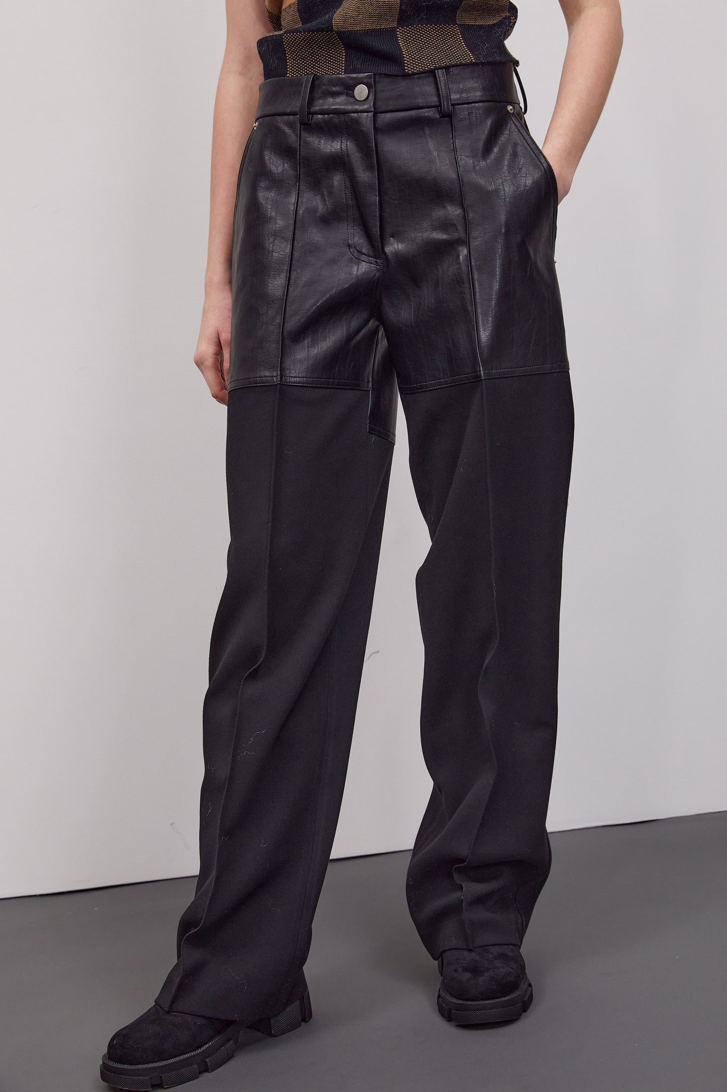 Leather-Paneled Wide Trousers, Black