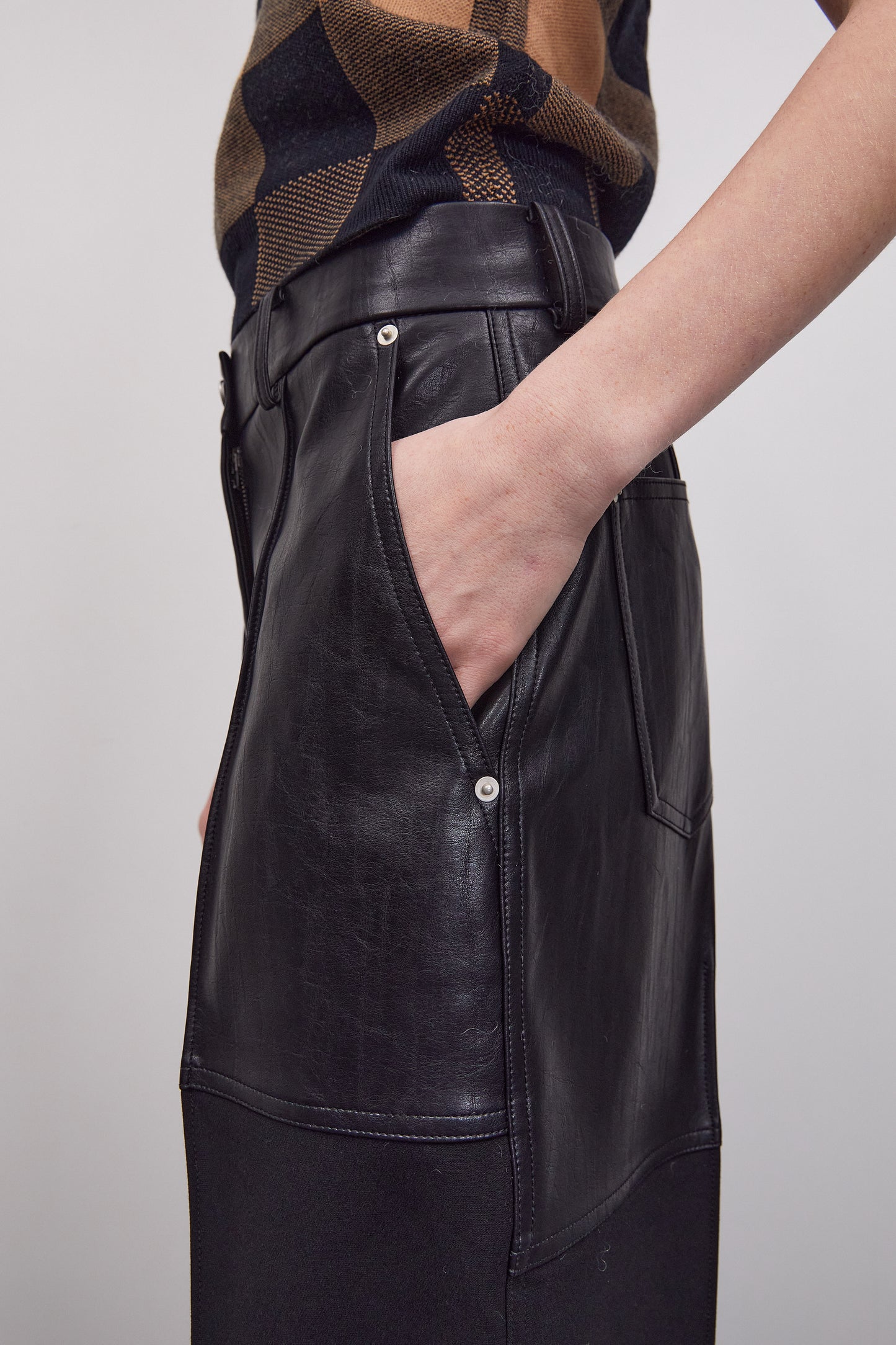Leather-Paneled Wide Trousers, Black