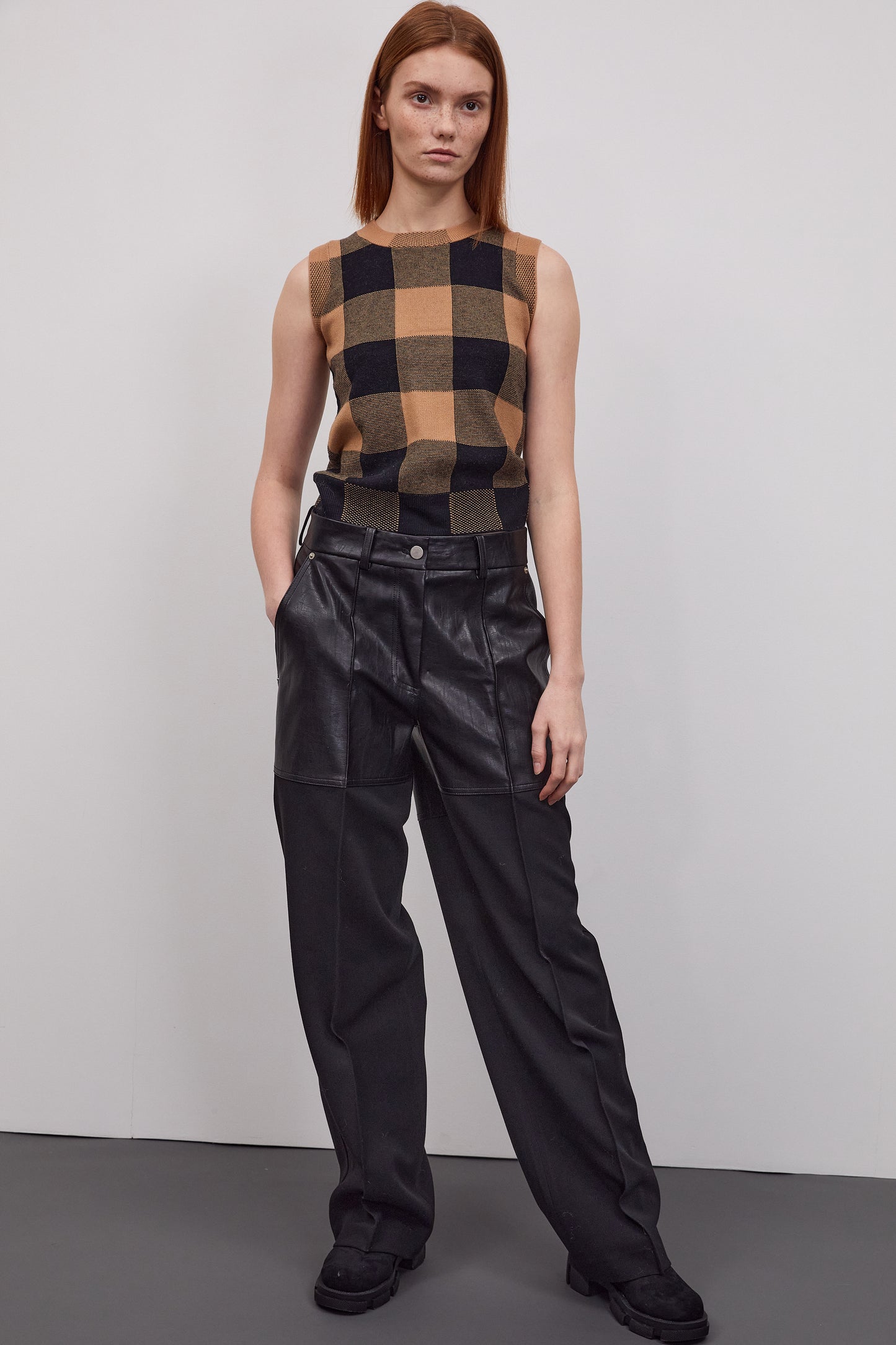 Leather-Paneled Wide Trousers, Black