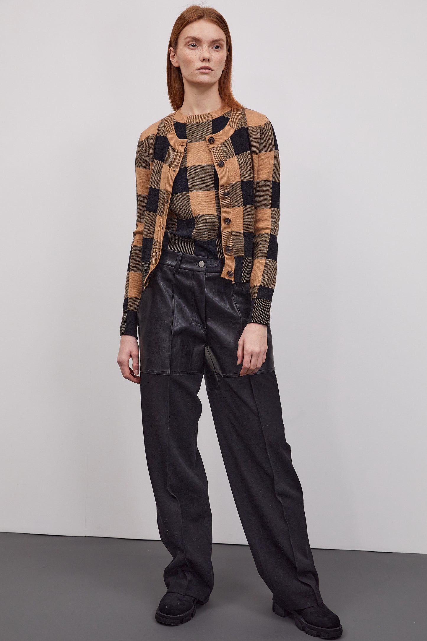 2 Piece Checker Cardigan Set, Toffee
