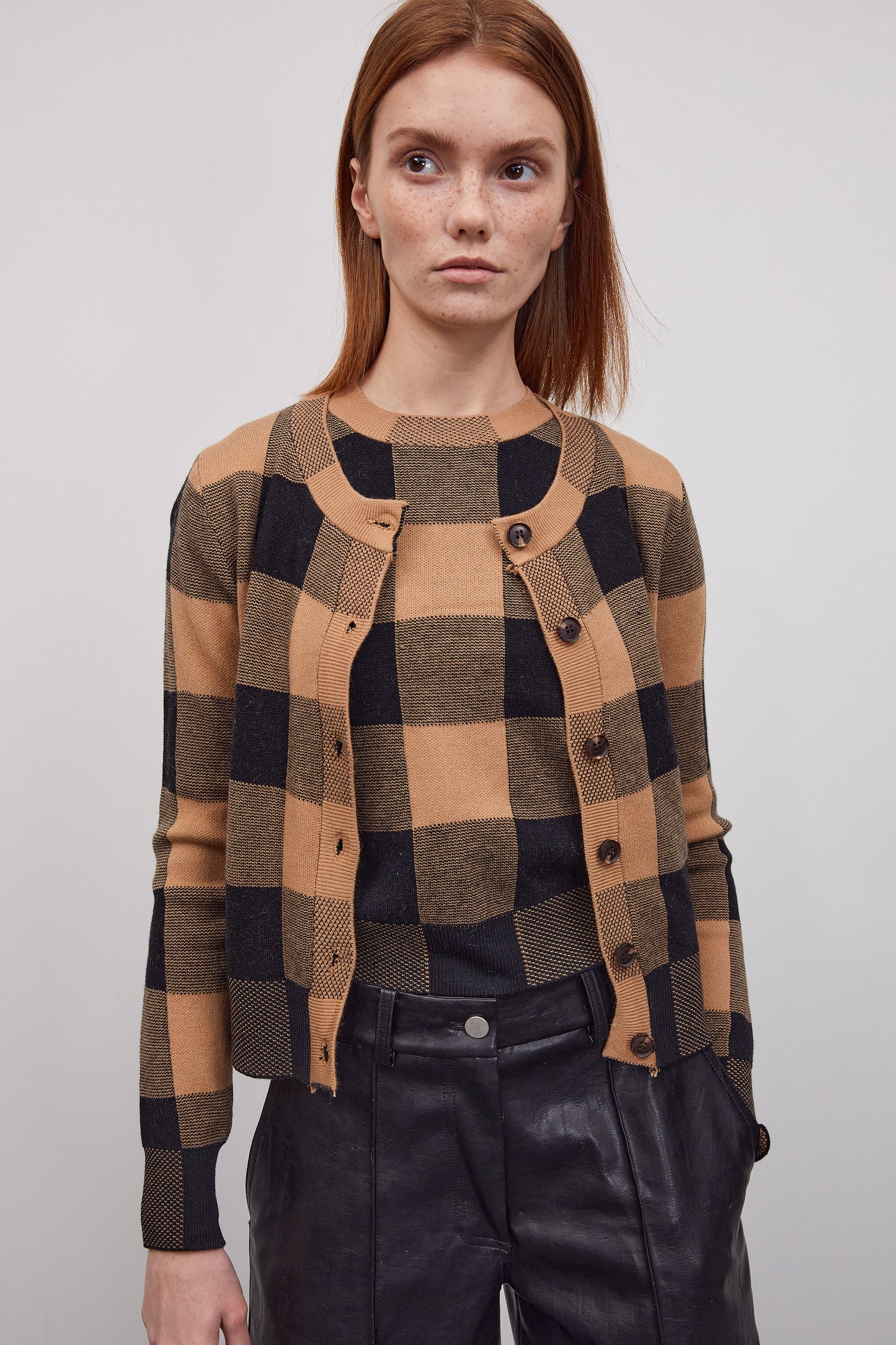 2 Piece Checker Cardigan Set, Toffee
