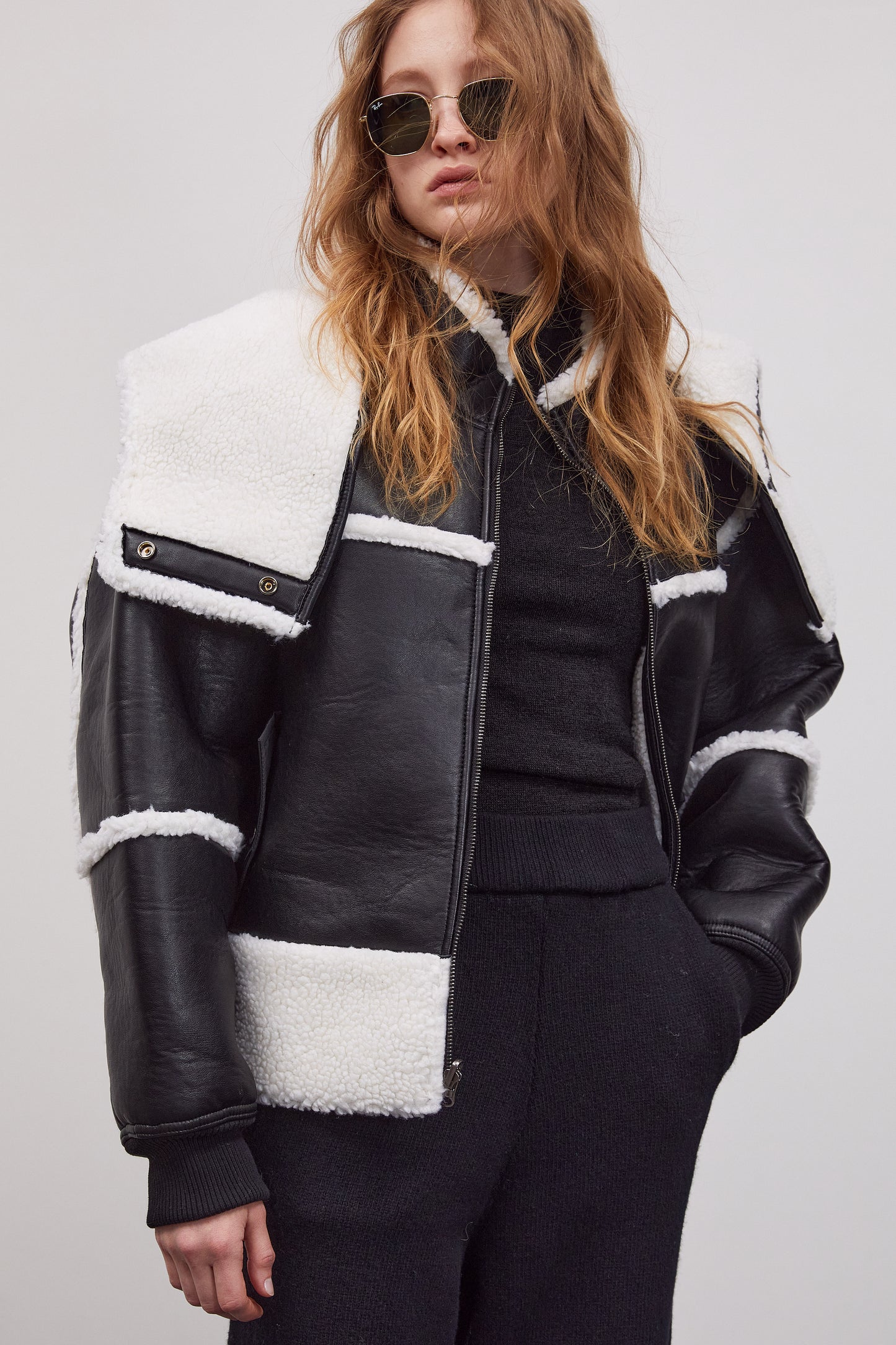 Detachable Hood Shearling Jacket, Black