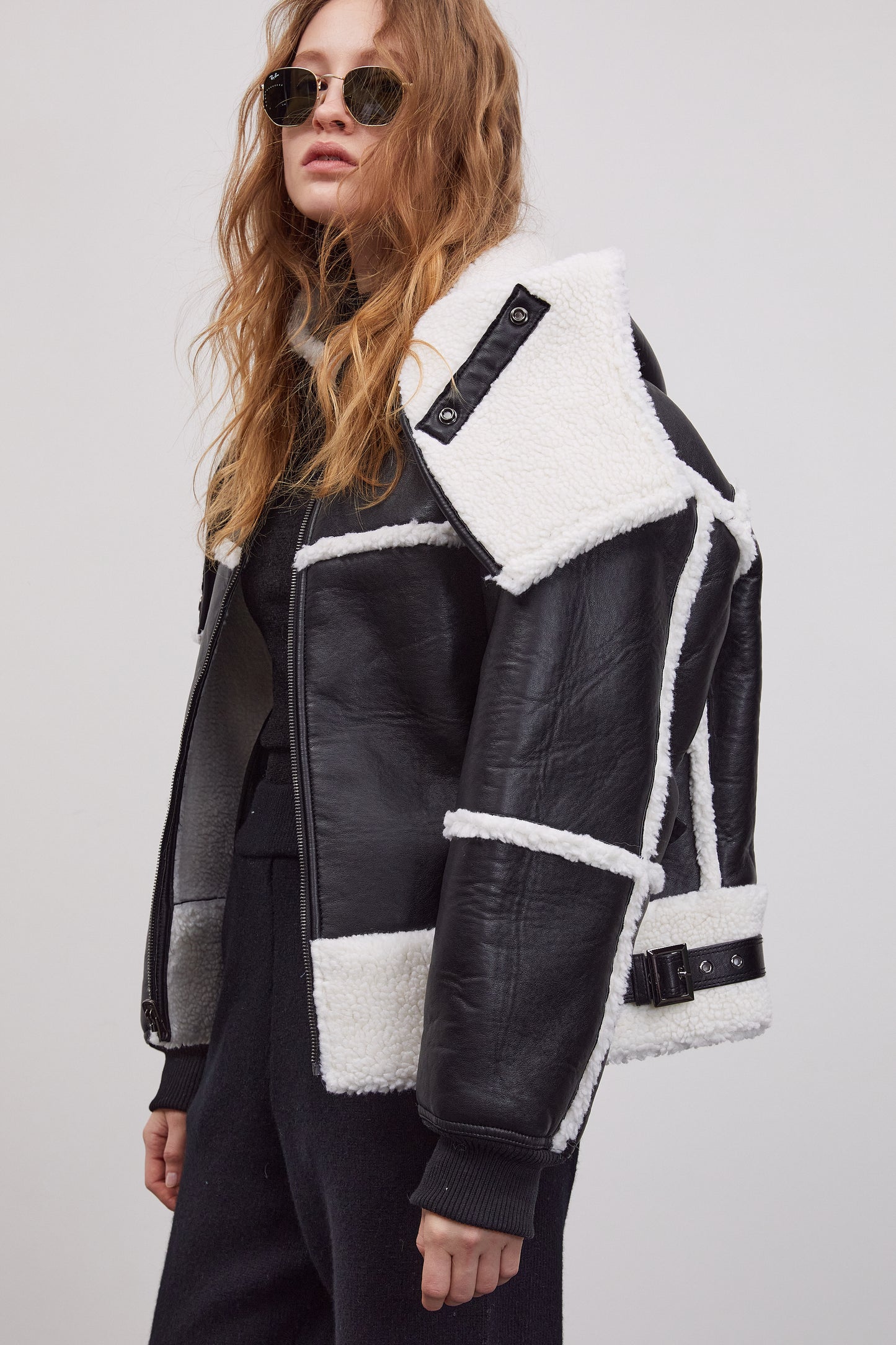 Detachable Hood Shearling Jacket, Black