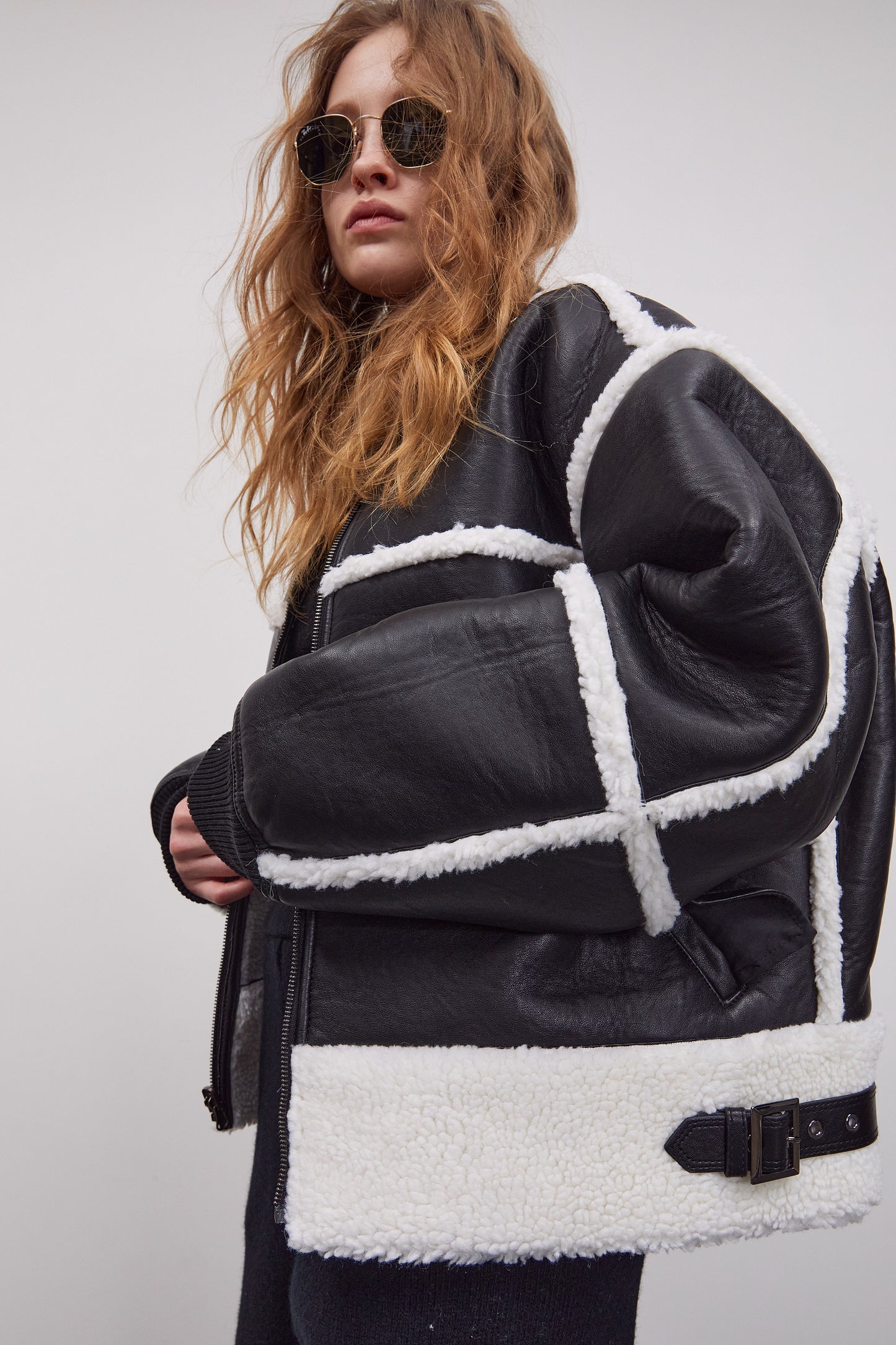 Detachable Hood Shearling Jacket, Black