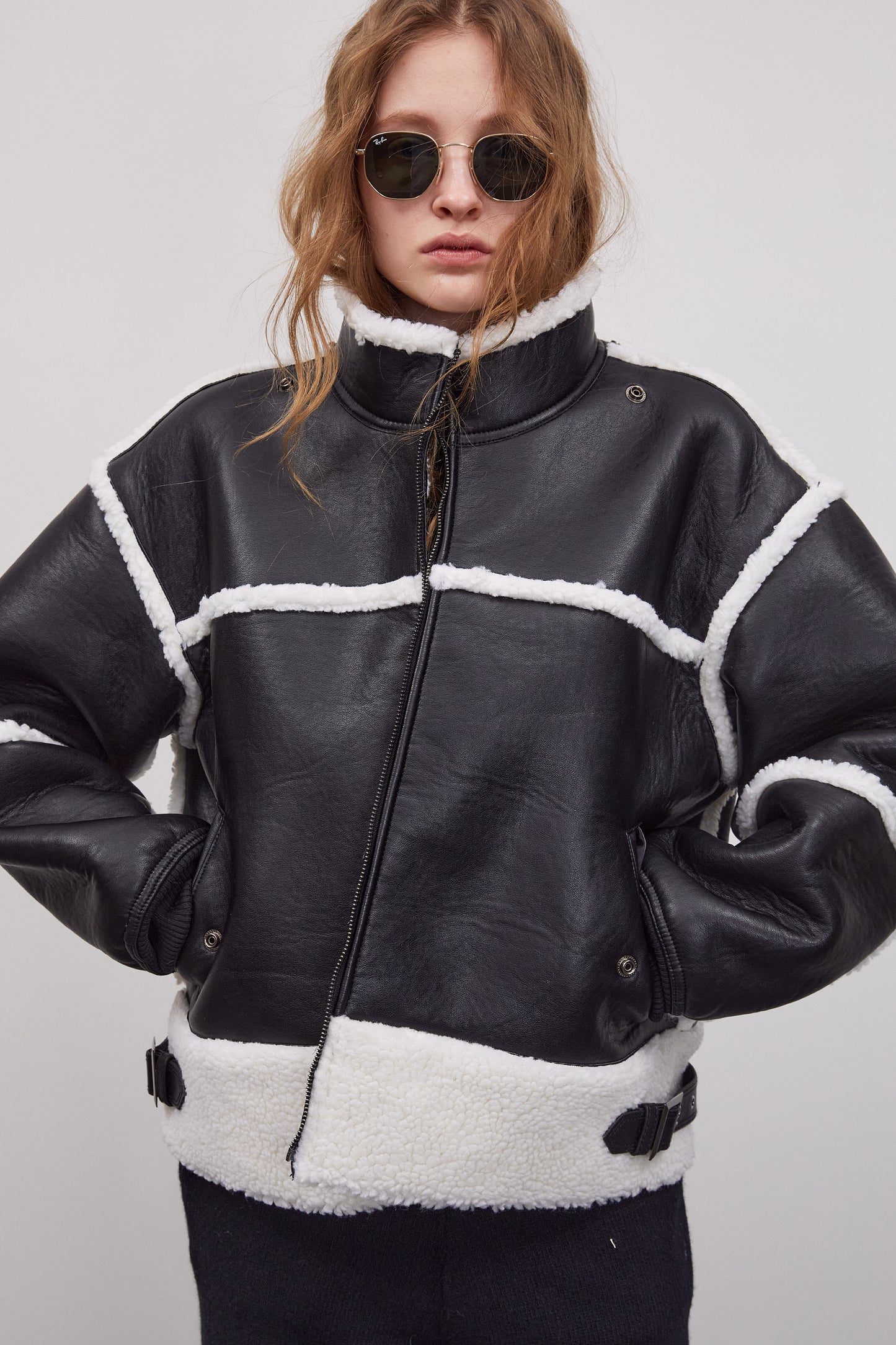 Detachable Hood Shearling Jacket, Black