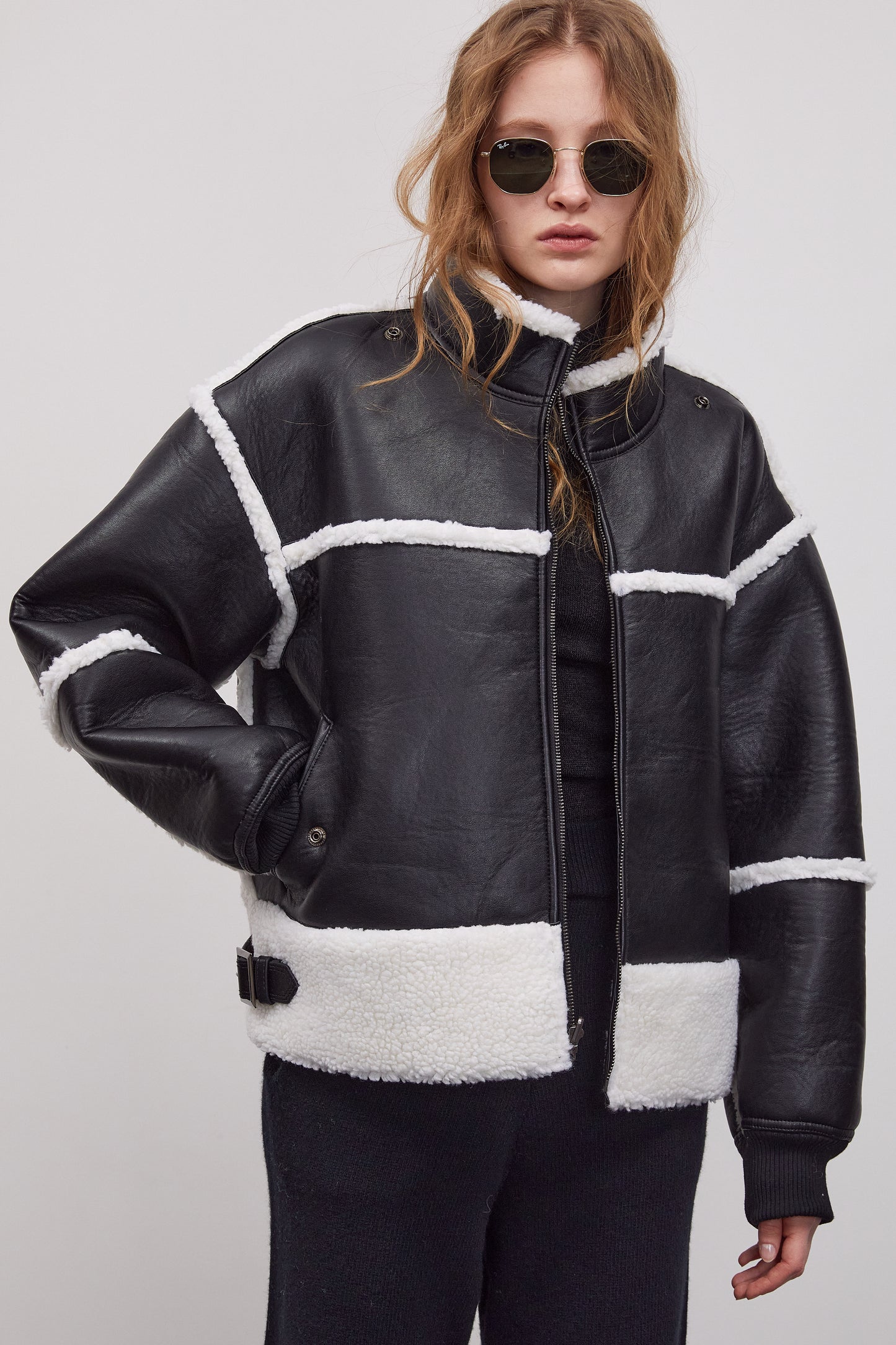 Detachable Hood Shearling Jacket, Black