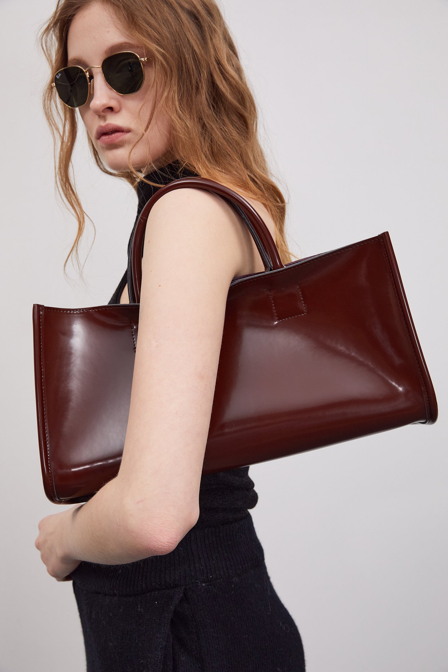 Glossy Patent Rectangular Bag, Dark Wine