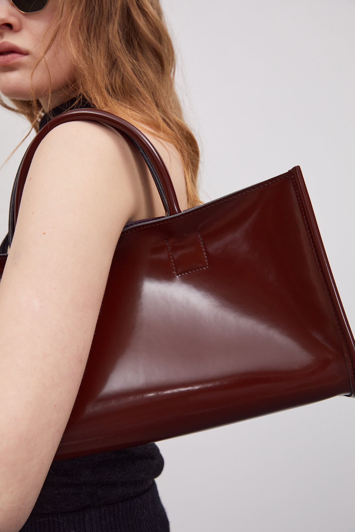 Glossy Patent Rectangular Bag, Dark Wine