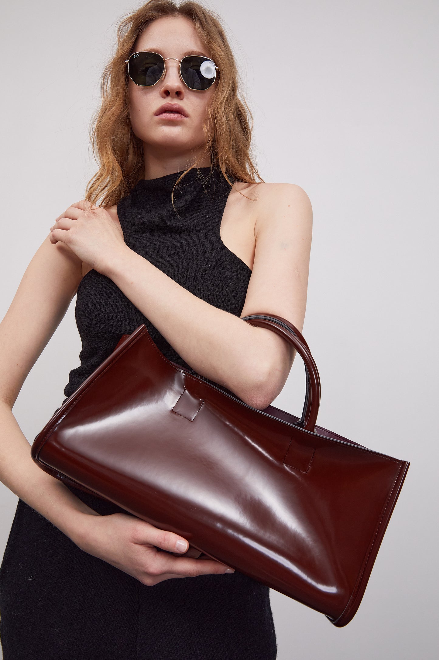 Glossy Patent Rectangular Bag, Dark Wine