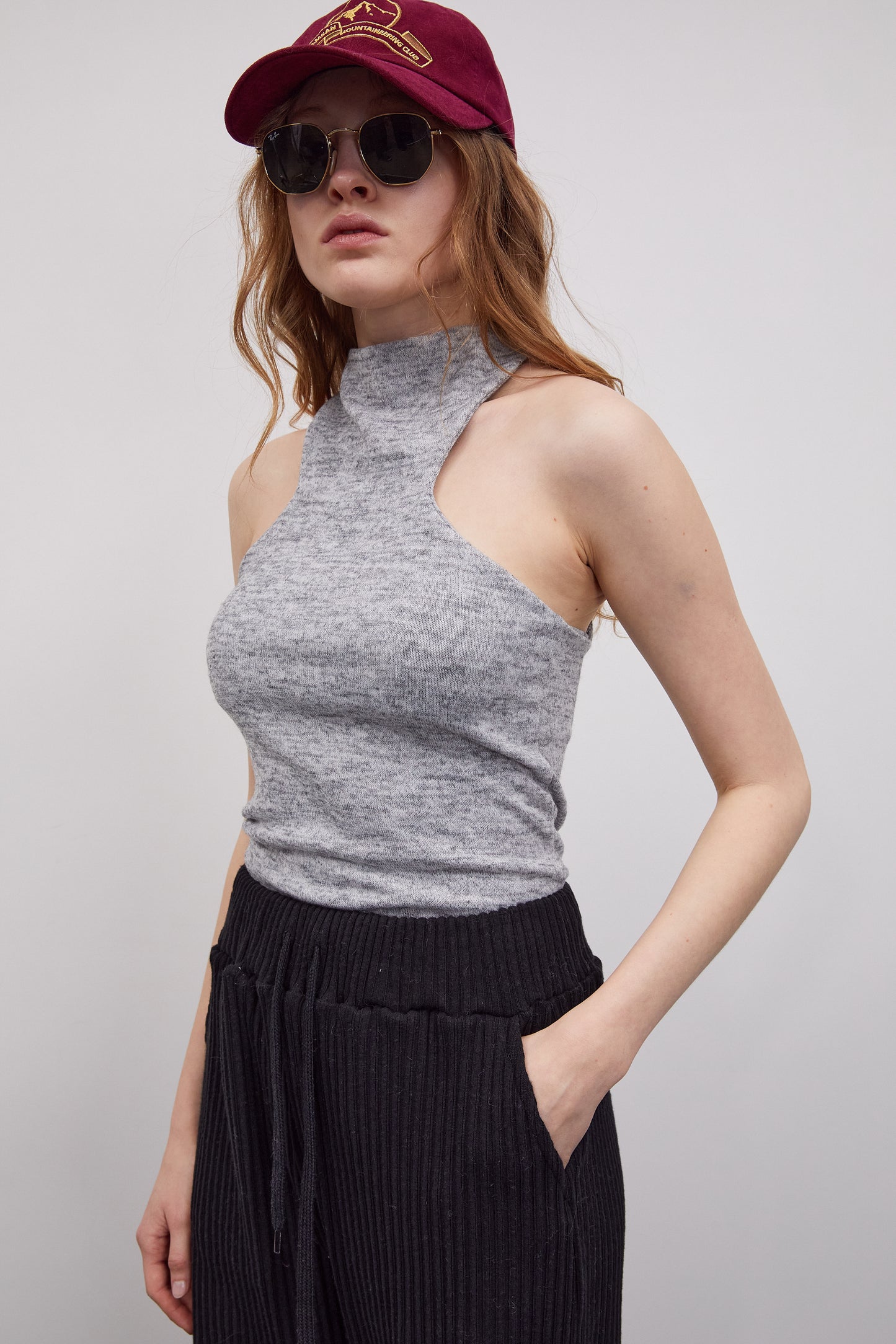 Cutout Halter Knit Top, Grey Melange