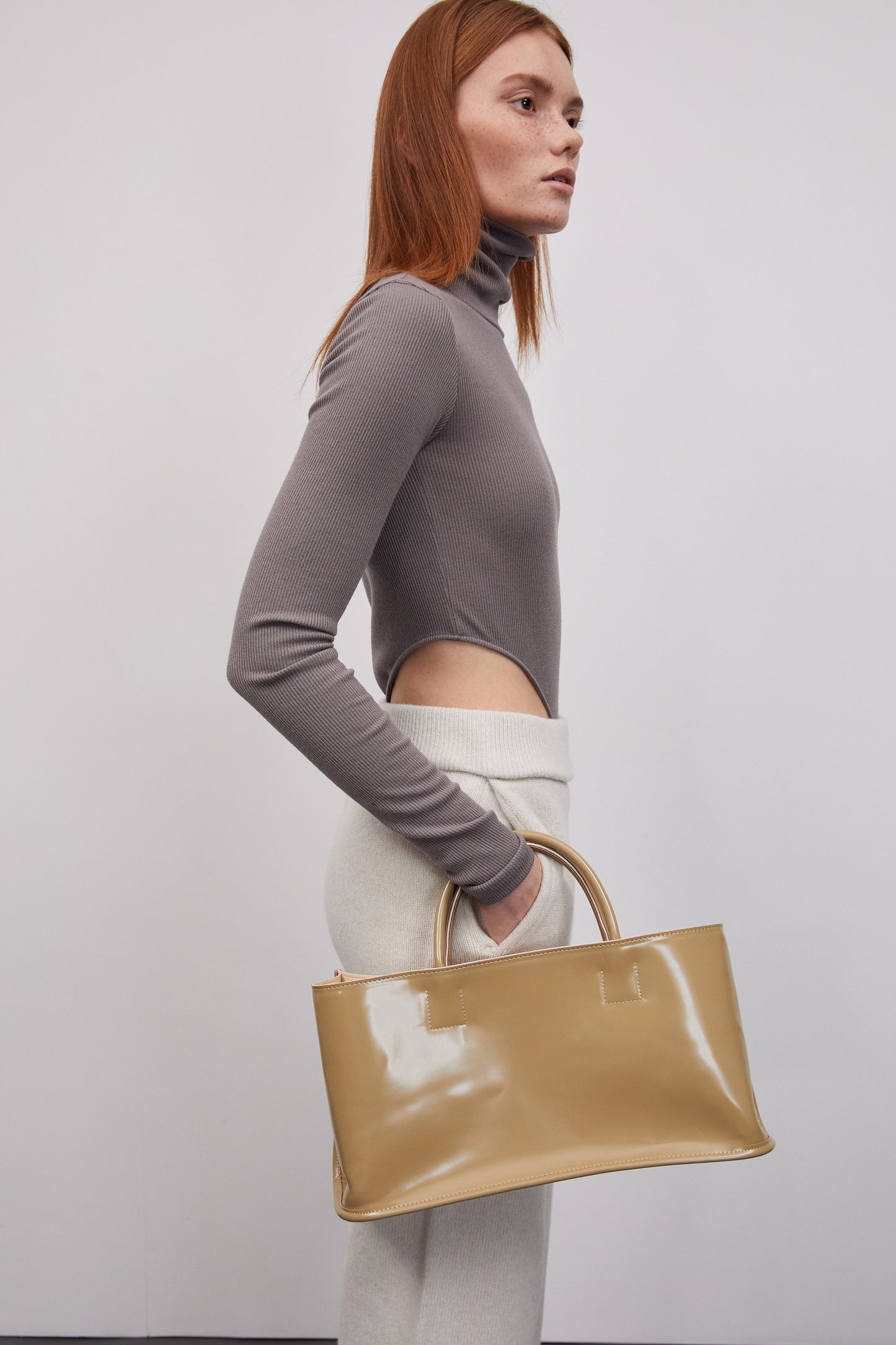 Glossy Patent Rectangular Bag, Olive