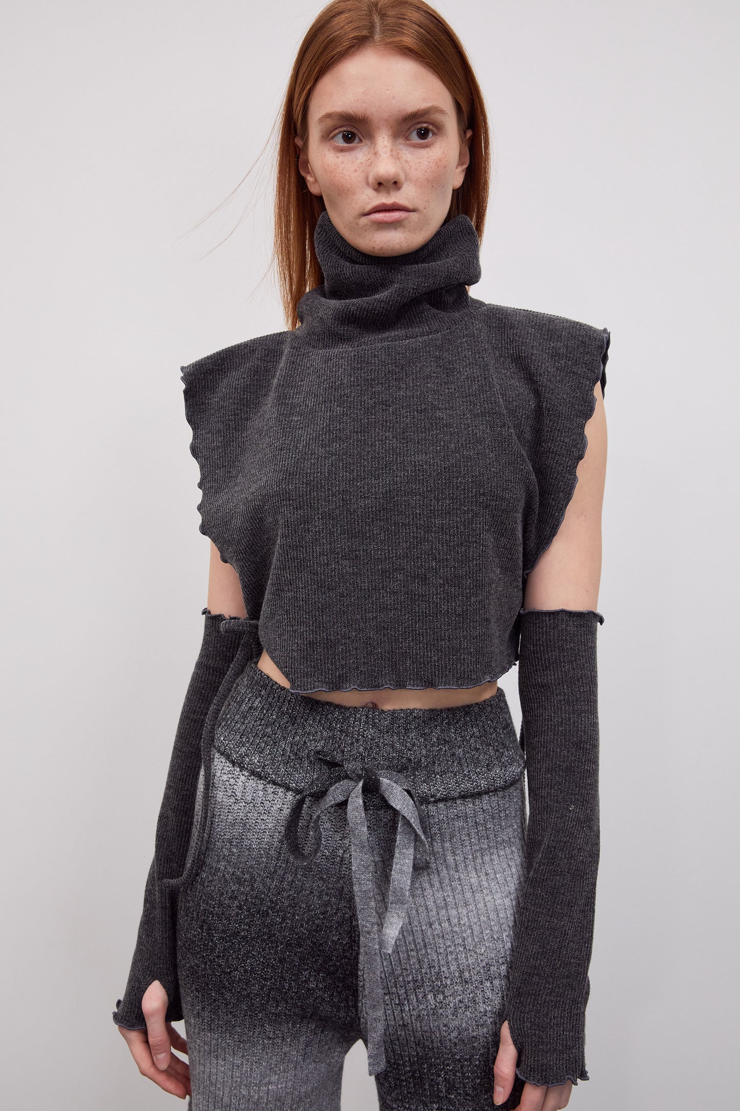 Turtleneck Rib Knit And Wrist Warmer Set, Grey