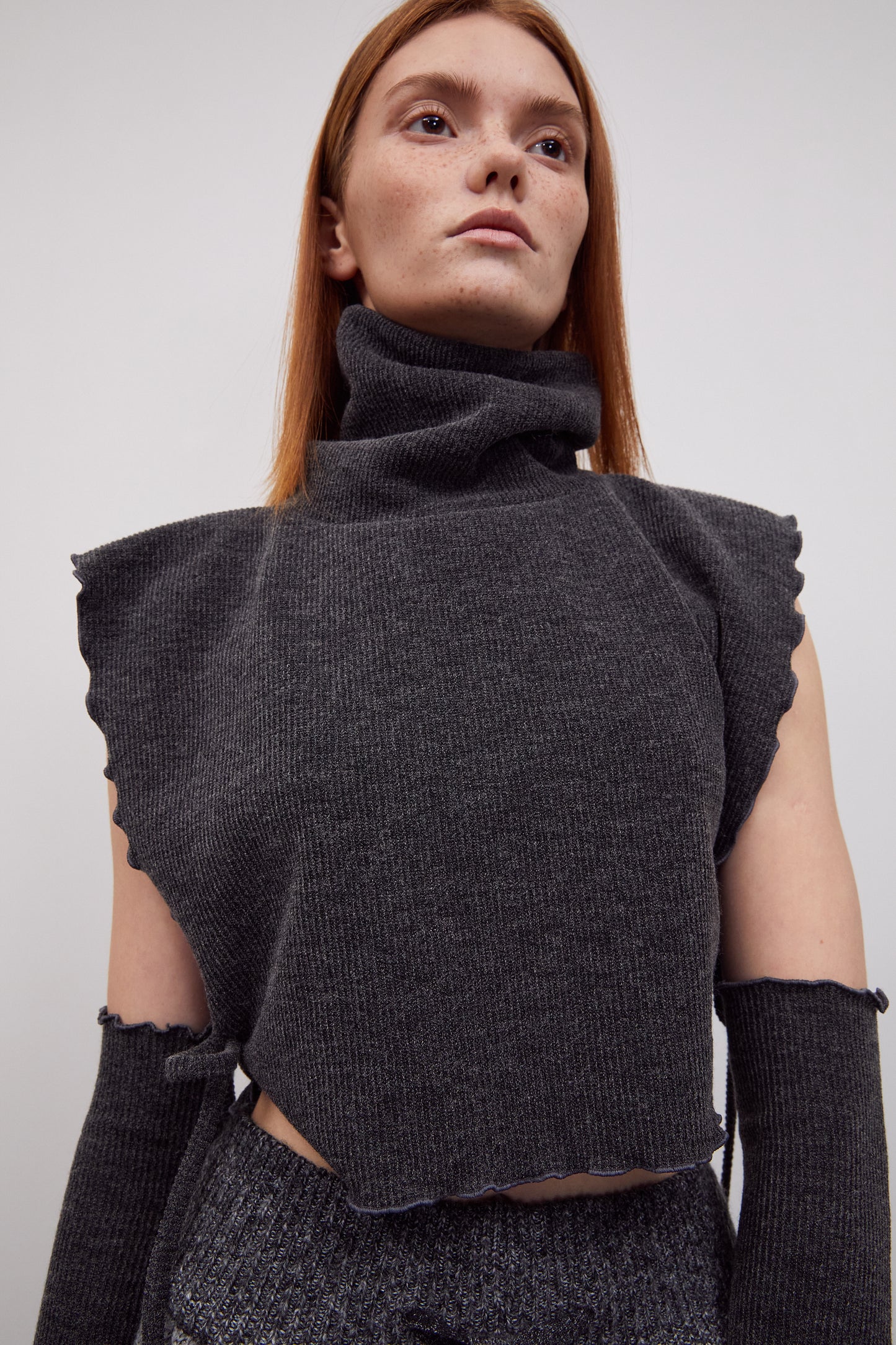 Turtleneck Rib Knit And Wrist Warmer Set, Grey