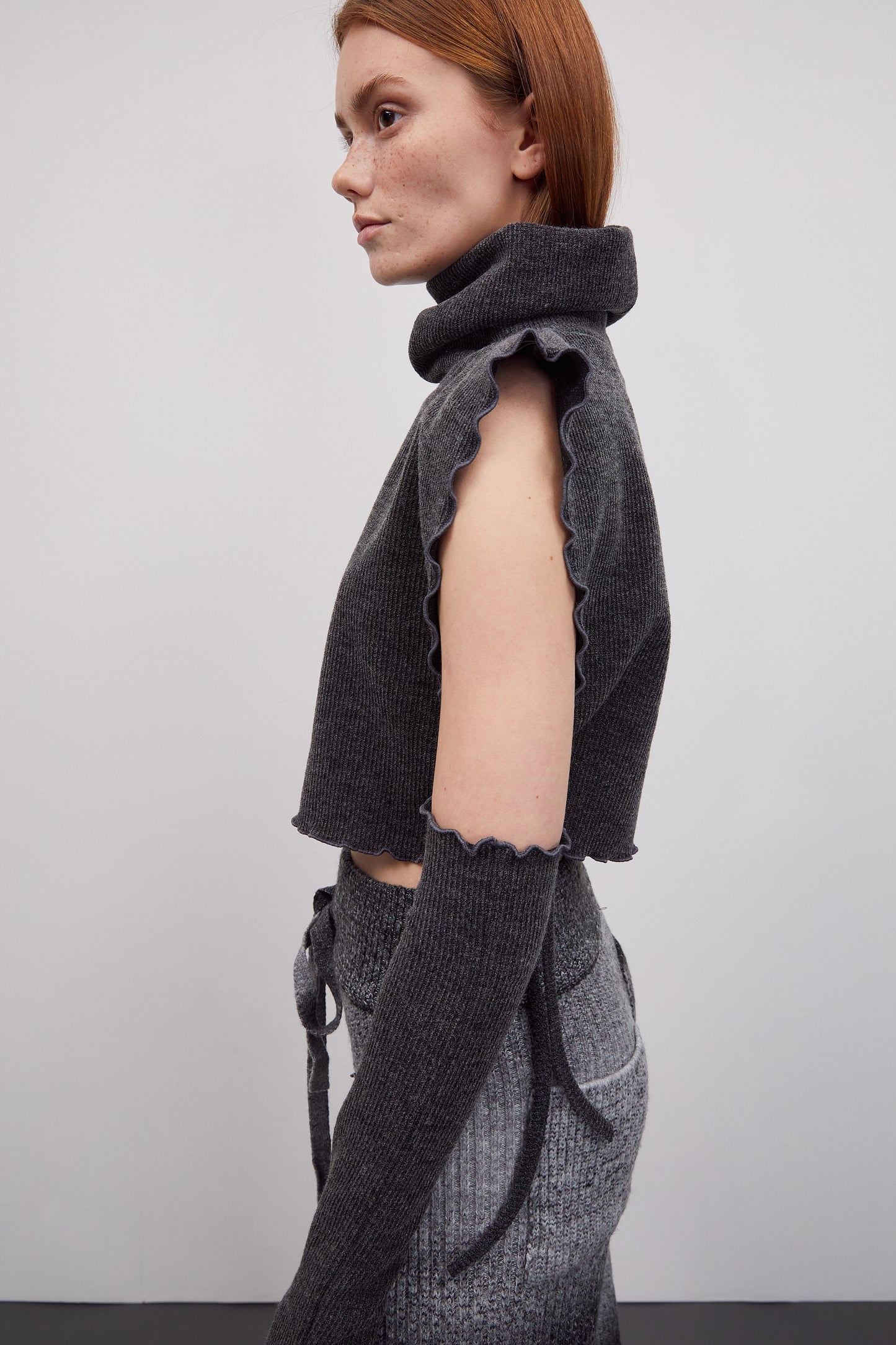 Turtleneck Rib Knit And Wrist Warmer Set, Grey