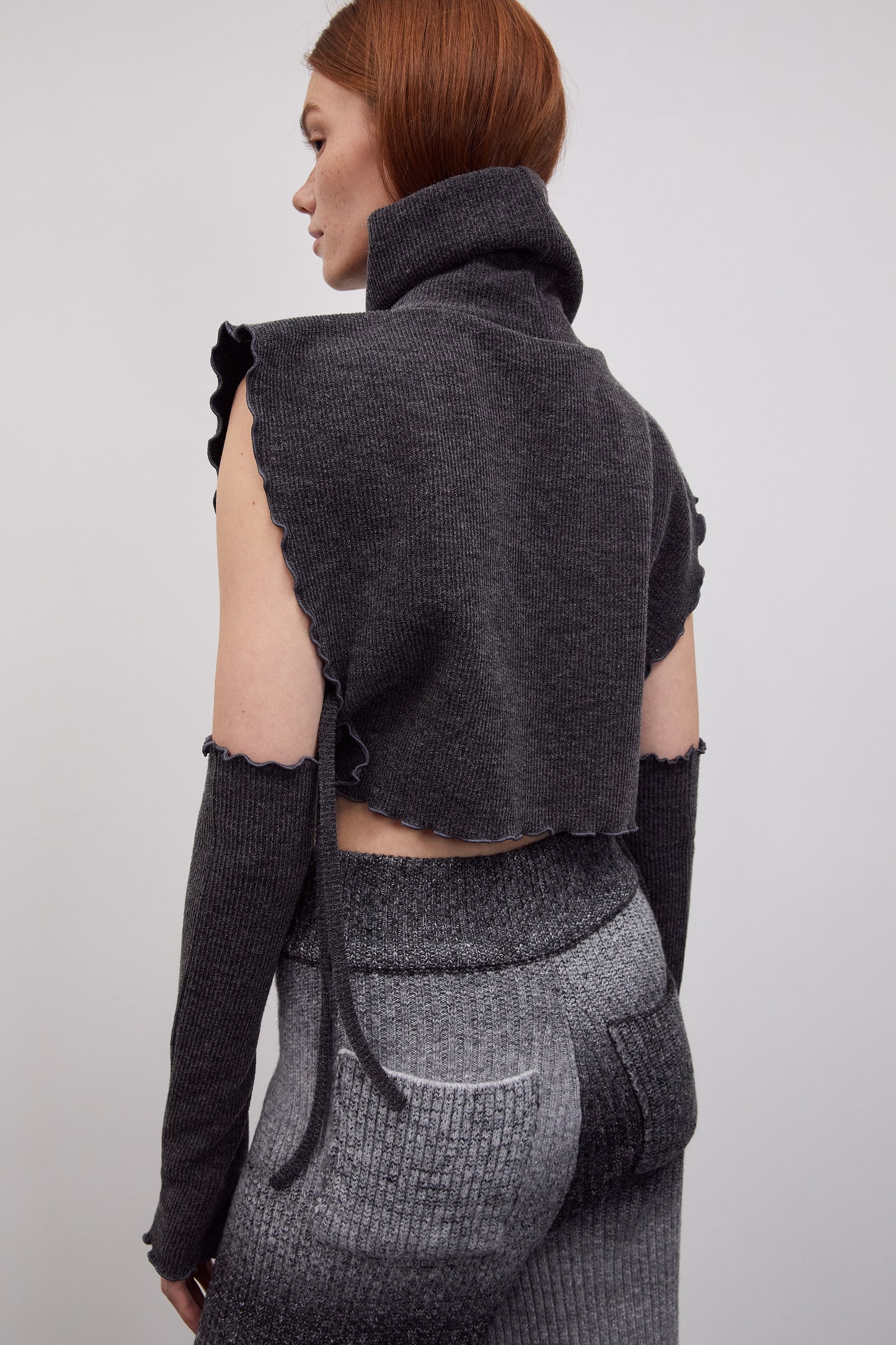 Turtleneck Rib Knit And Wrist Warmer Set, Grey