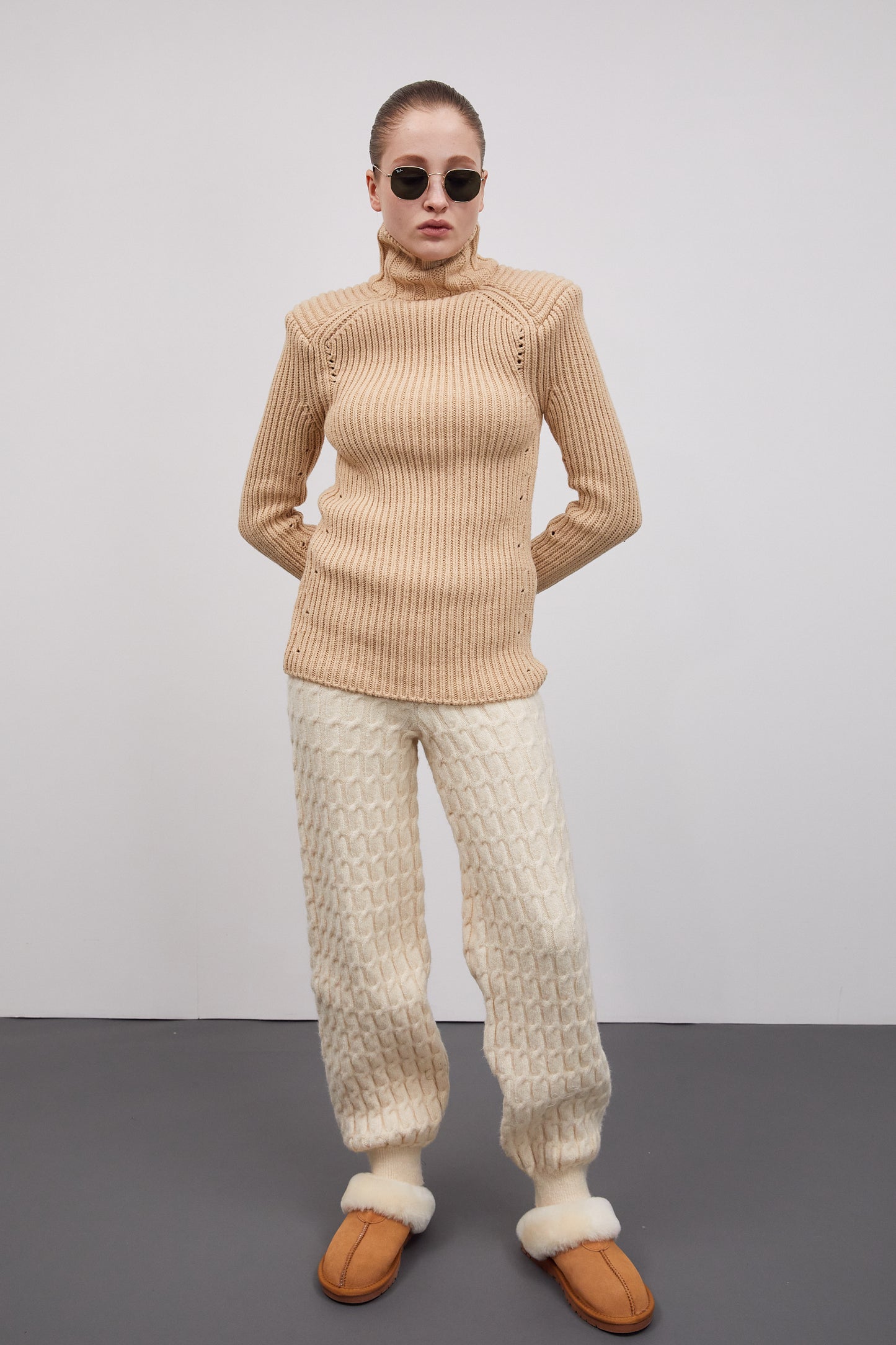 Statement Shoulder Rib Turtleneck Knit, Latte