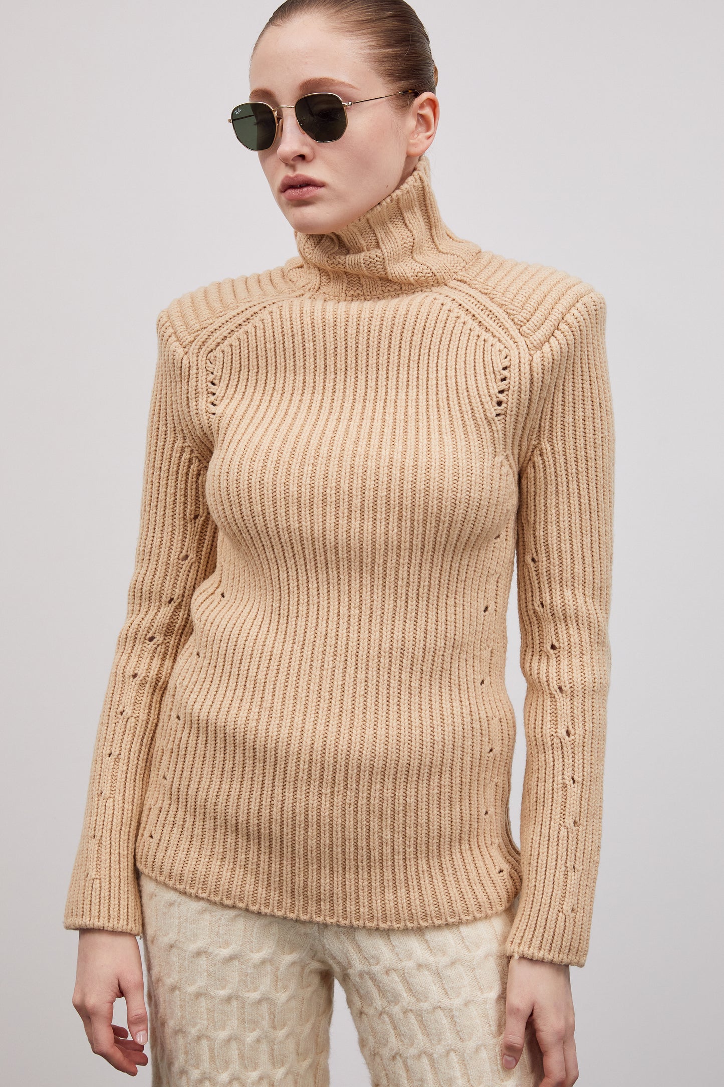 Statement Shoulder Rib Turtleneck Knit, Latte