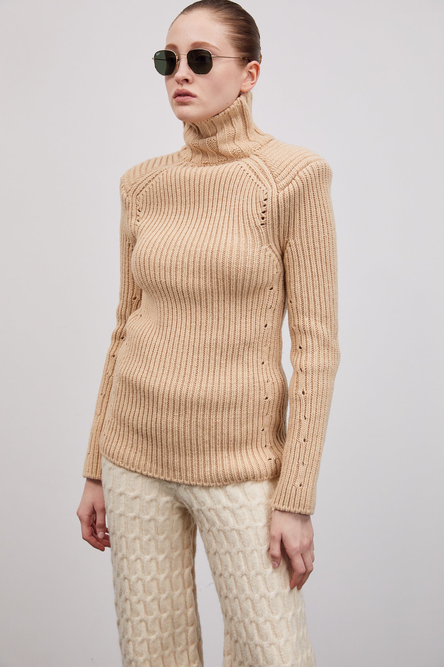 Statement Shoulder Rib Turtleneck Knit, Latte