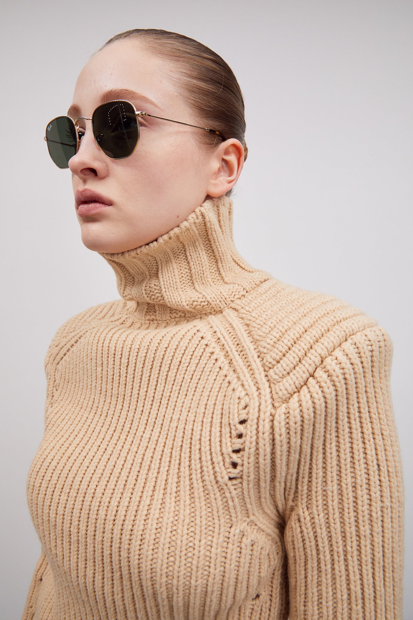 Statement Shoulder Rib Turtleneck Knit, Latte