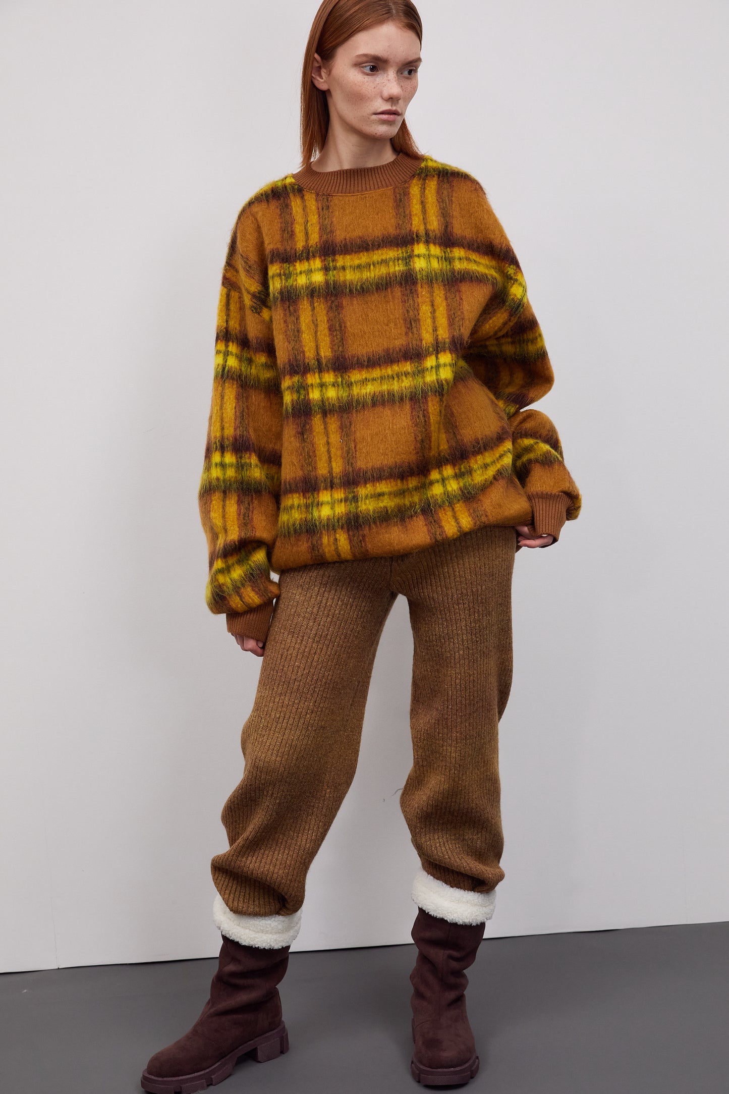 Checker Wool-Blend Oversized Sweatshirt, Mustard