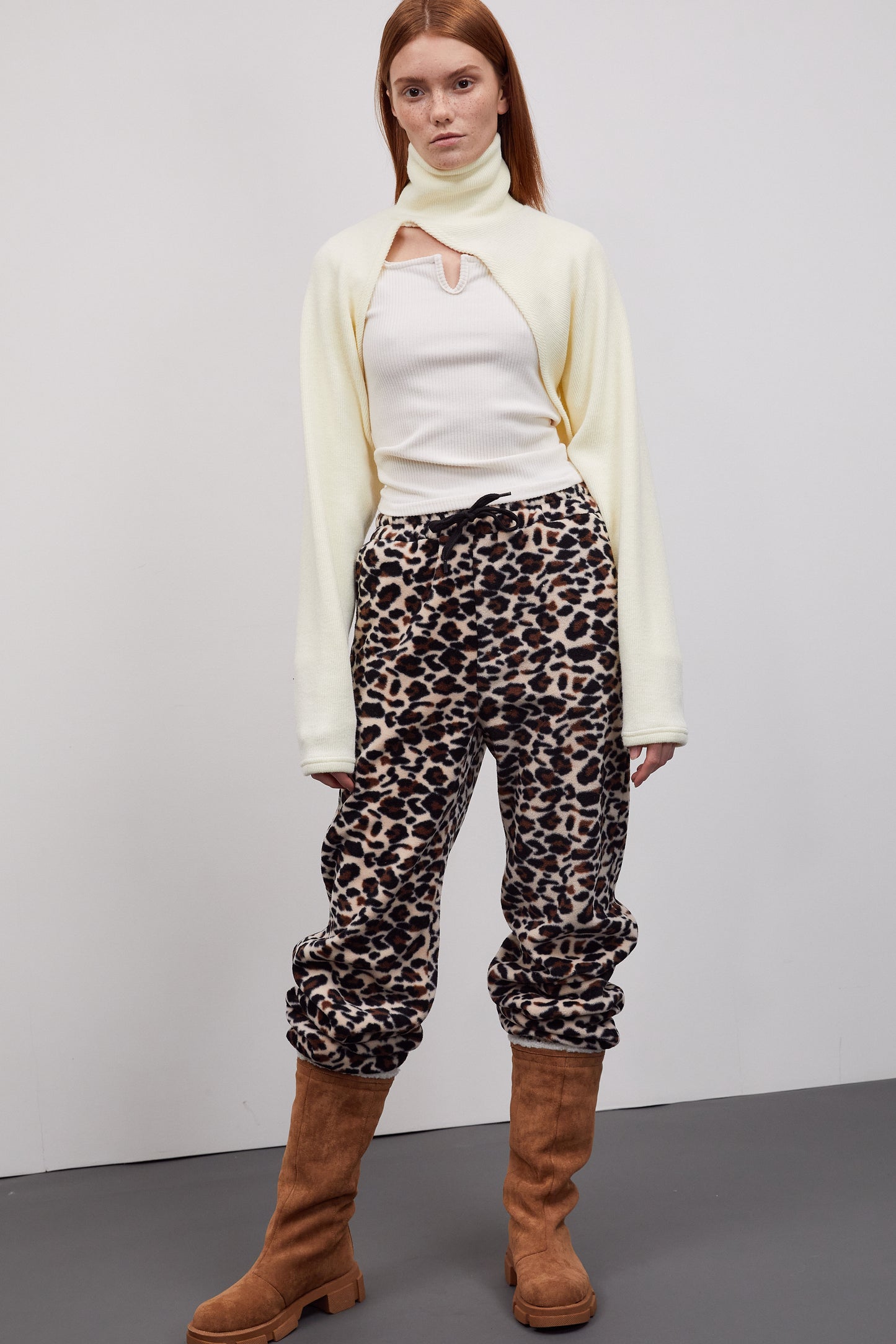 Asymmetric Curved Bolero Turtleneck Rib Knit, Cream Yellow