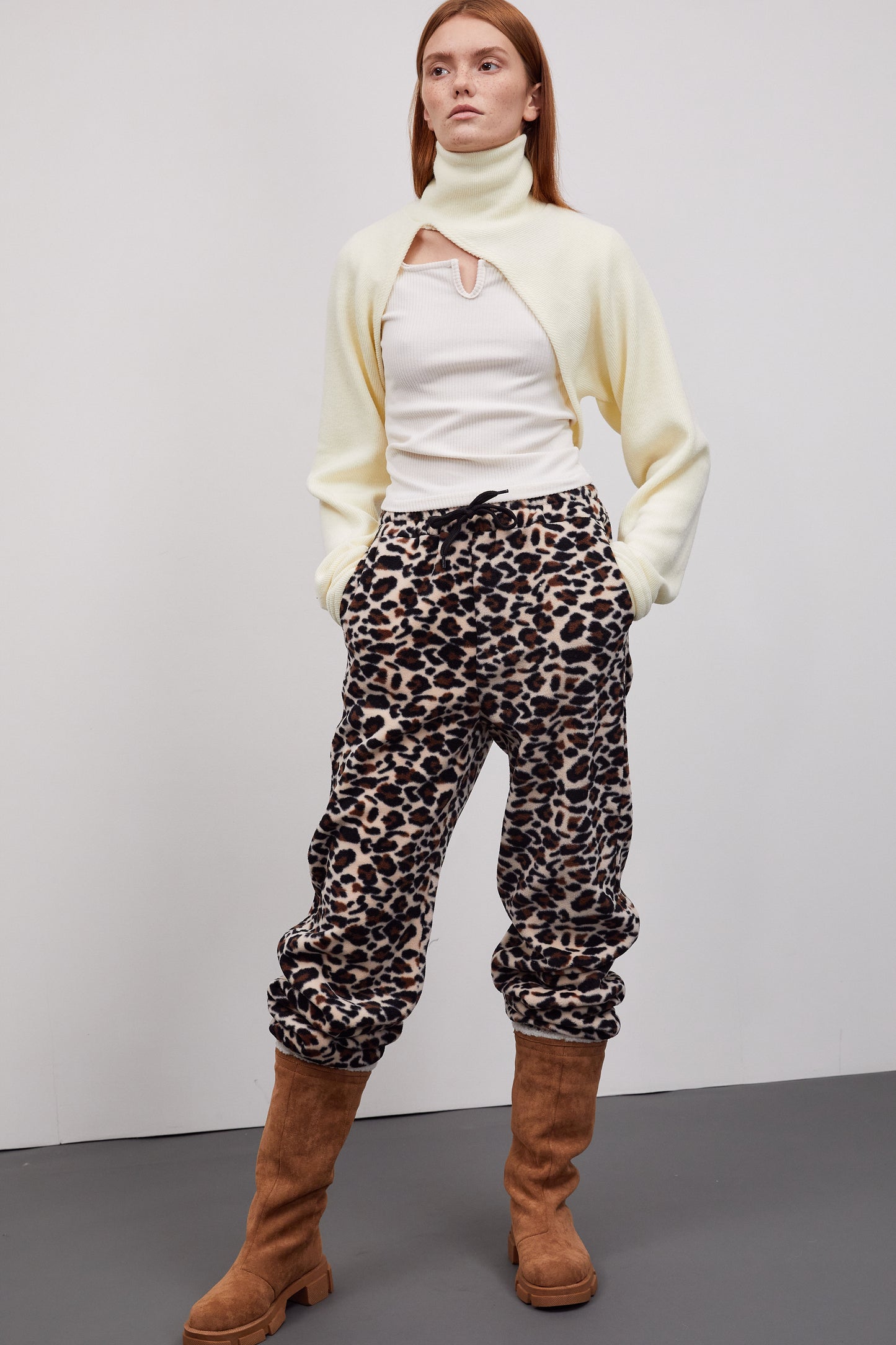 Asymmetric Curved Bolero Turtleneck Rib Knit, Cream Yellow