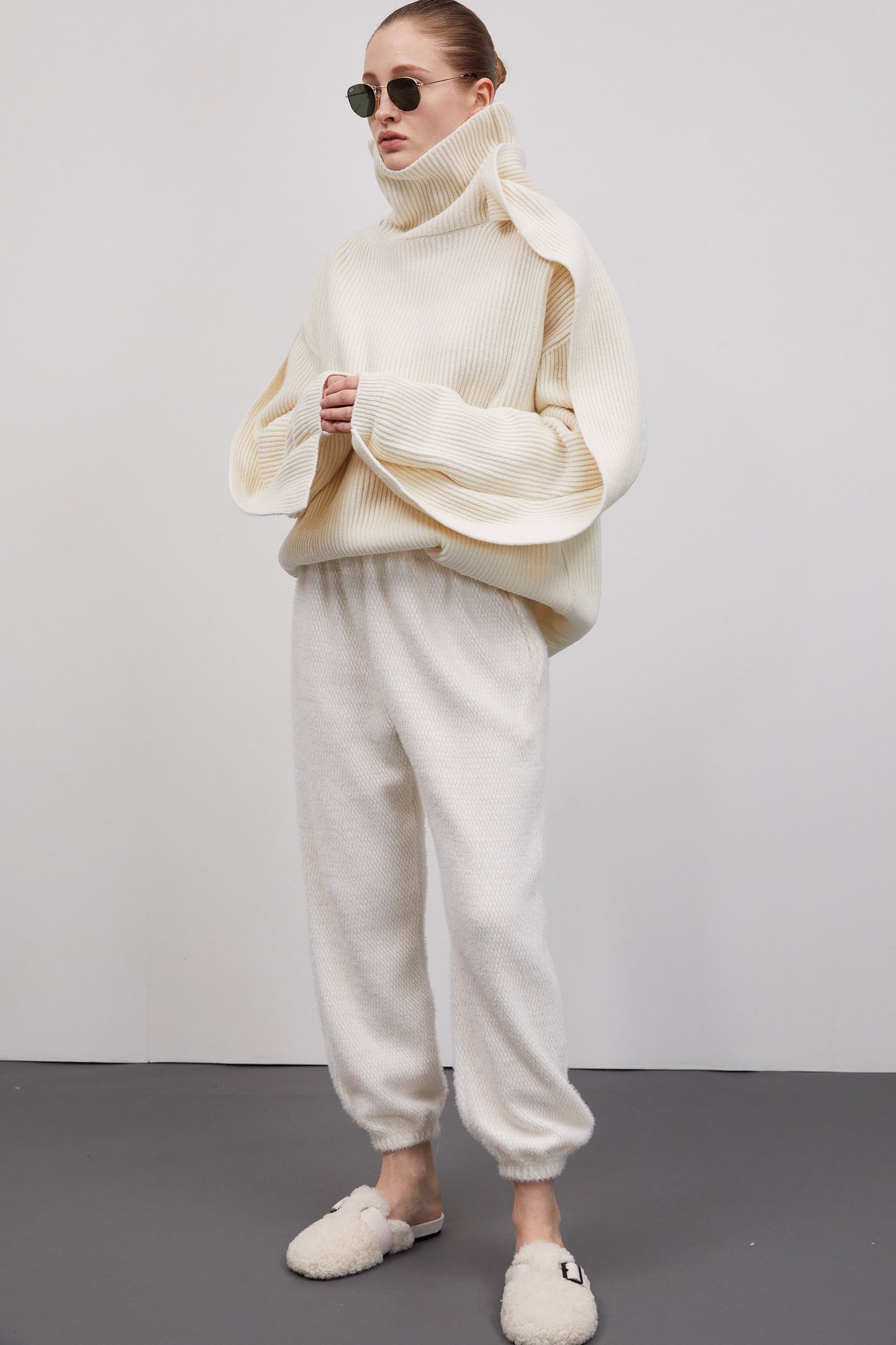Ruffle Sleeve Turtleneck Sweater, Eggnog