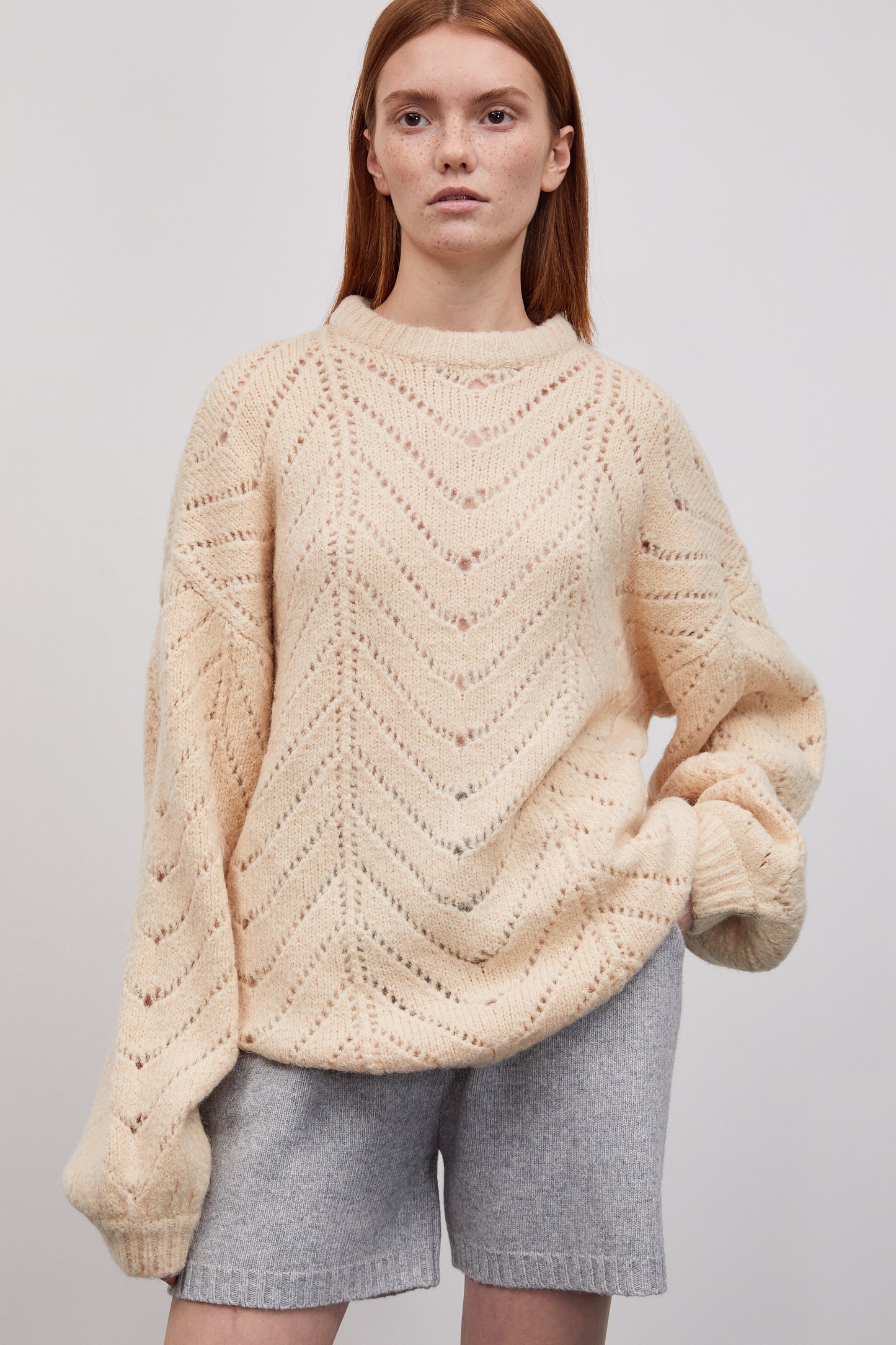 Open Stitch Loose Sweater, Tan Beige