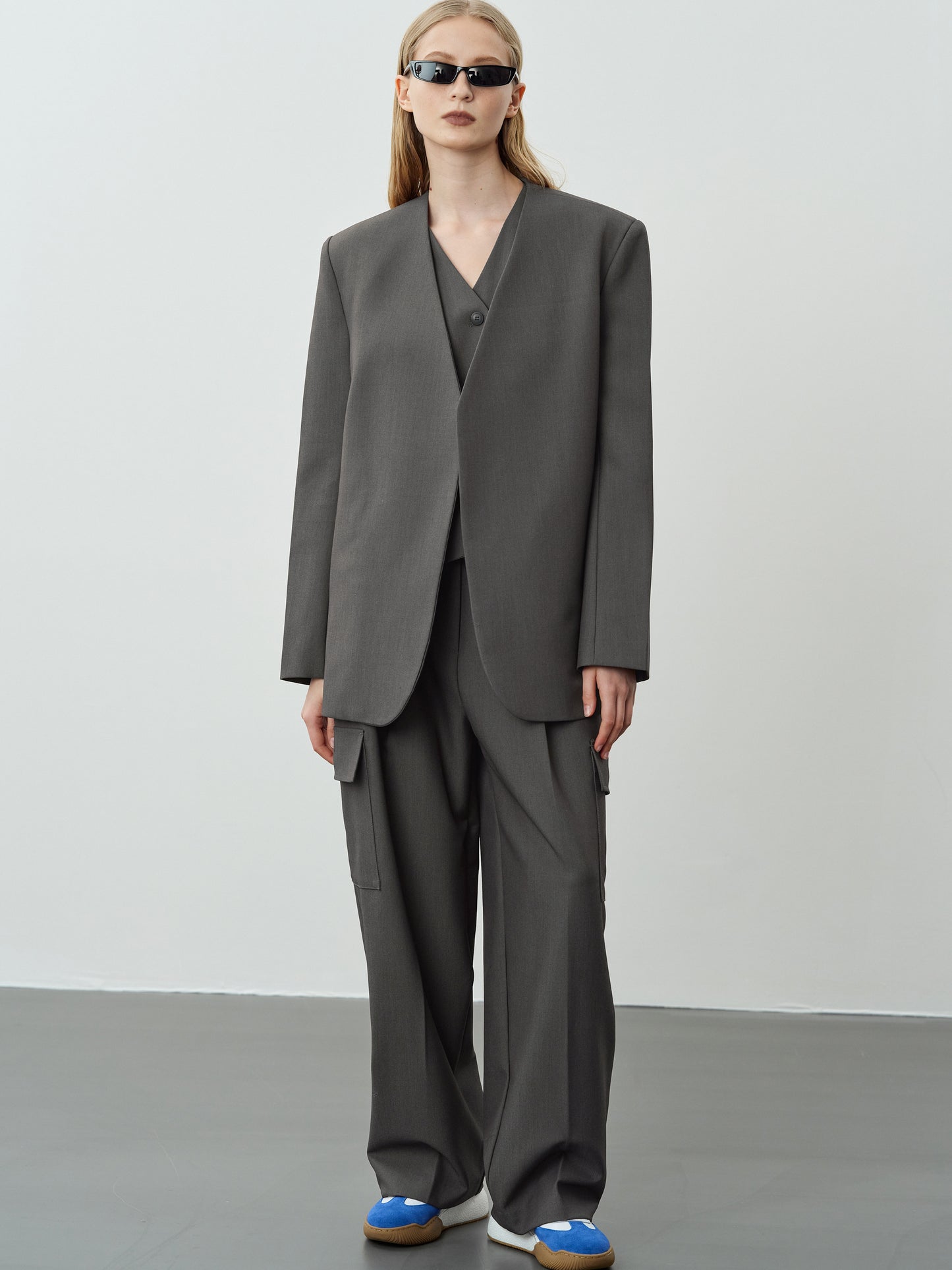 Collarless Open Front Suit Blazer, Charcoal