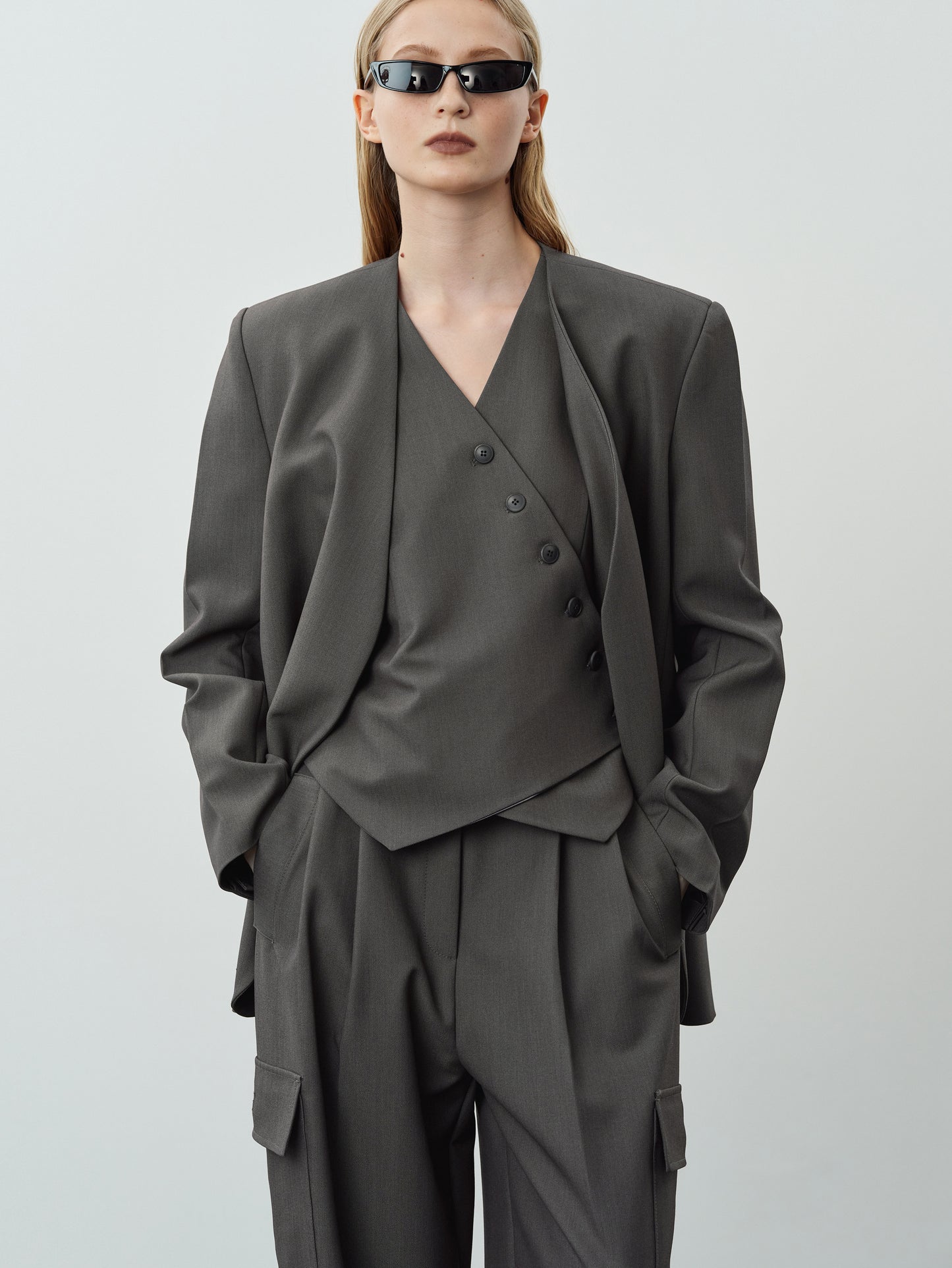 Collarless Open Front Suit Blazer, Charcoal