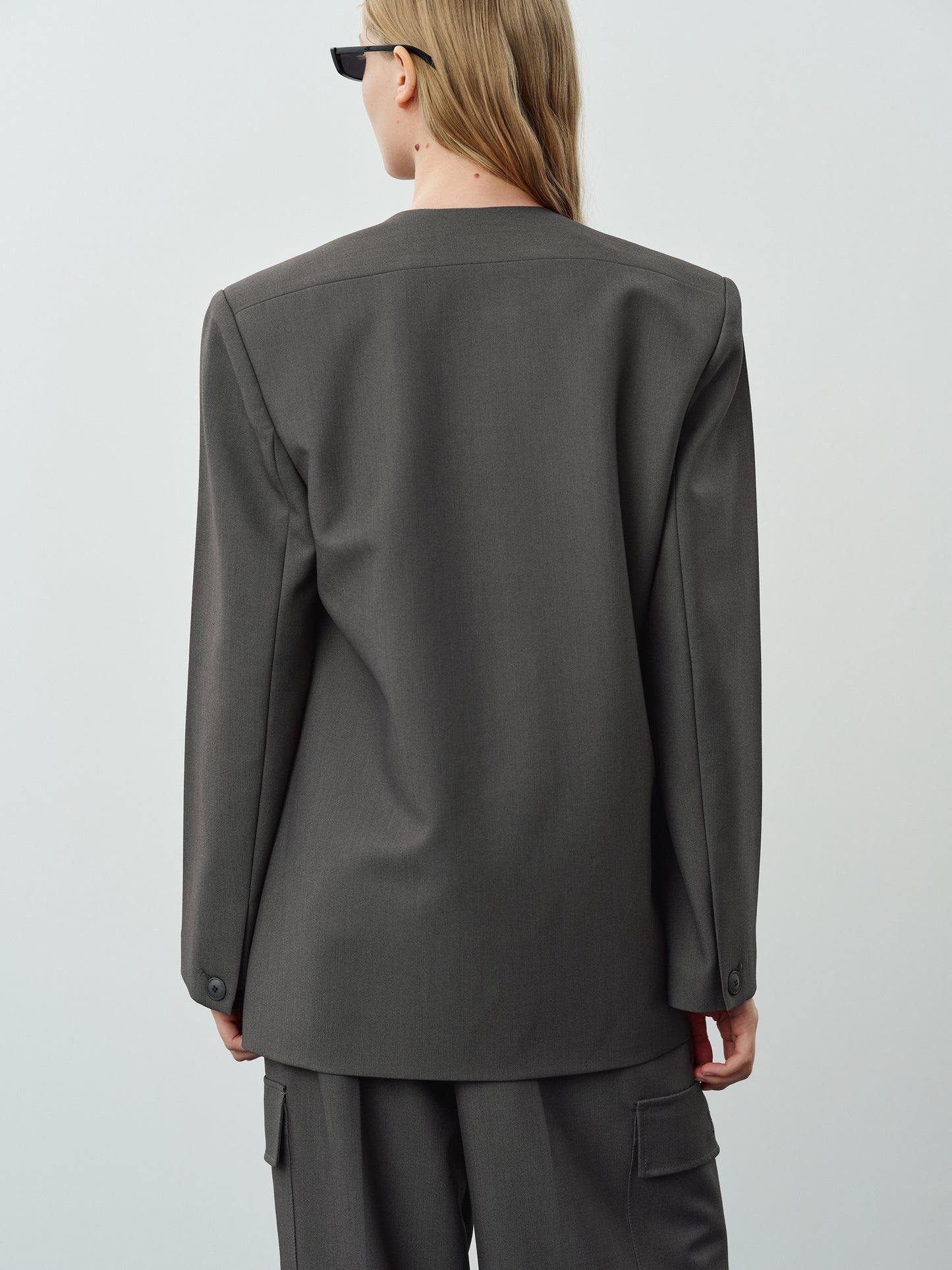 Collarless Open Front Suit Blazer, Charcoal