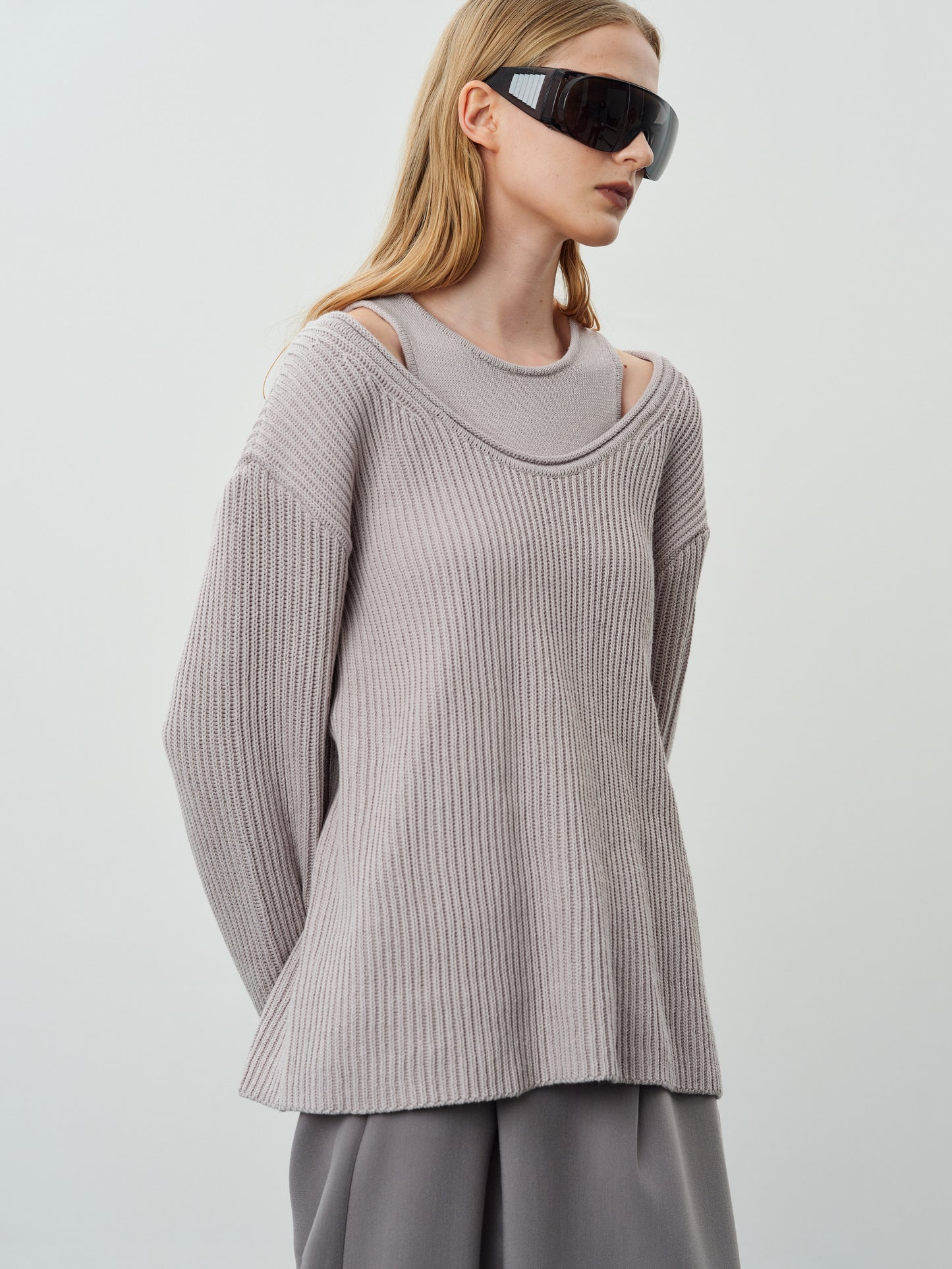 Two-Piece Cotton Knit Sweater Set, Light Dove