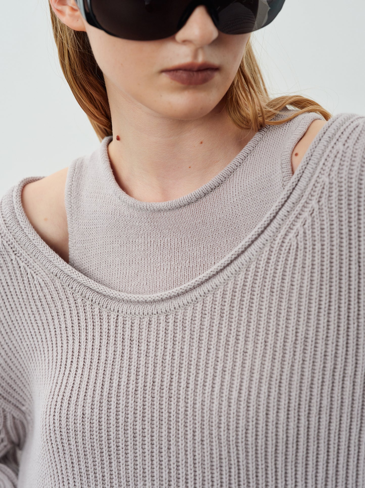 Two-Piece Cotton Knit Sweater Set, Light Dove