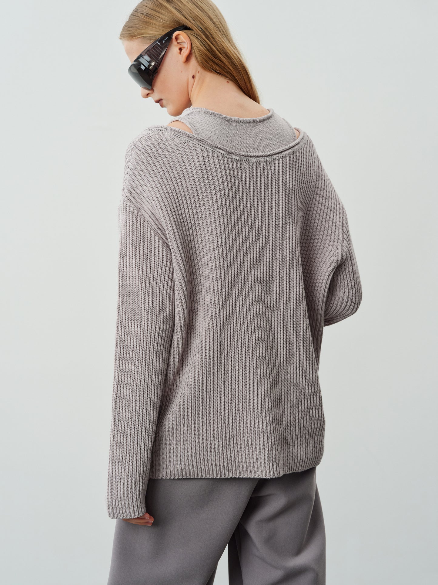 Two-Piece Cotton Knit Sweater Set, Light Dove