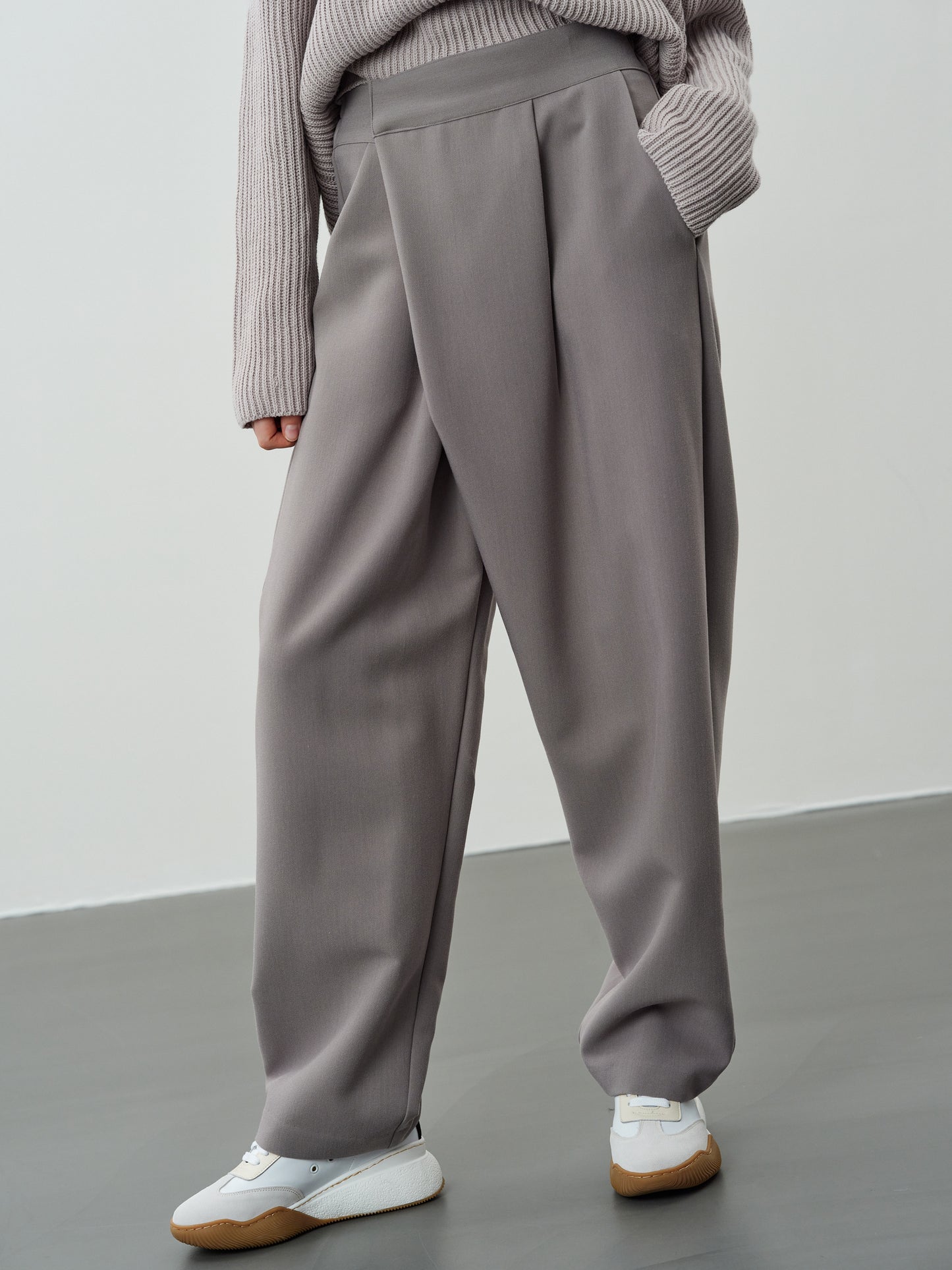 Wide Tuck Wrap Trousers, Warm Gray