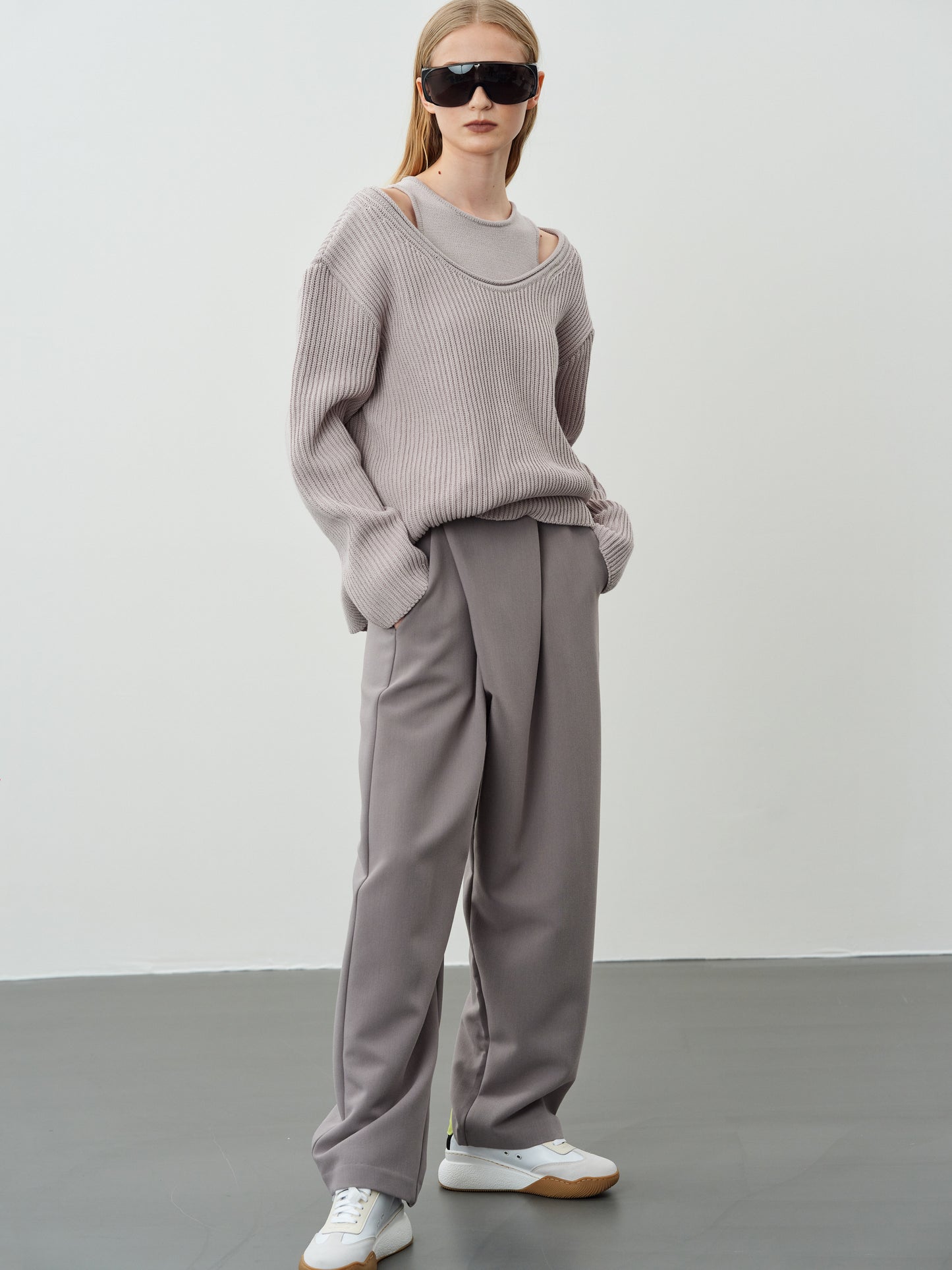 Two-Piece Cotton Knit Sweater Set, Light Dove