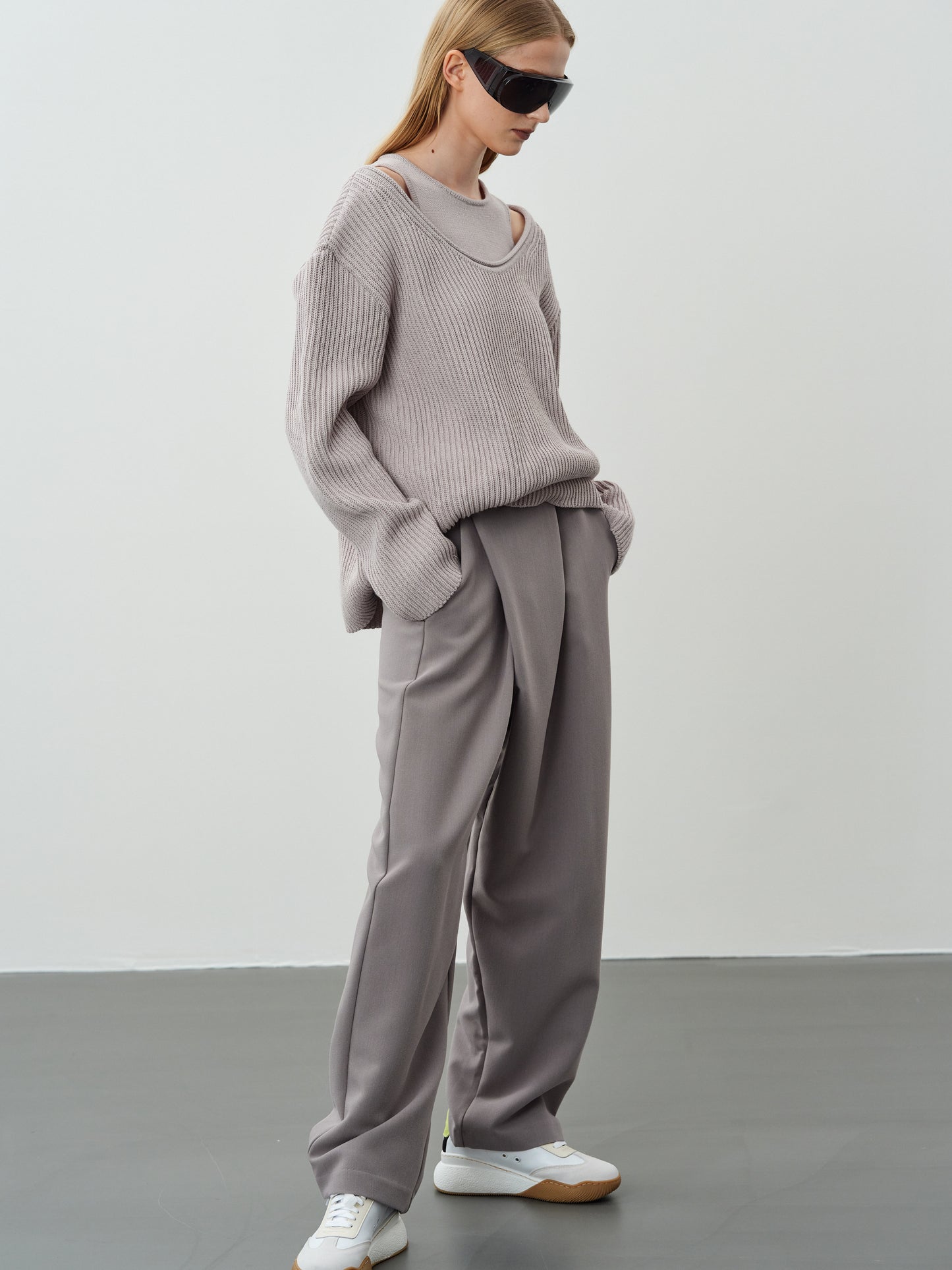 Wide Tuck Wrap Trousers, Warm Gray