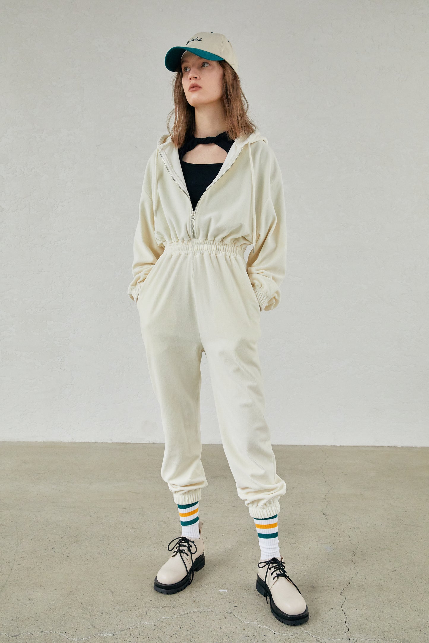 Hooded Corduroy Plush Jumpsuit, Ivory