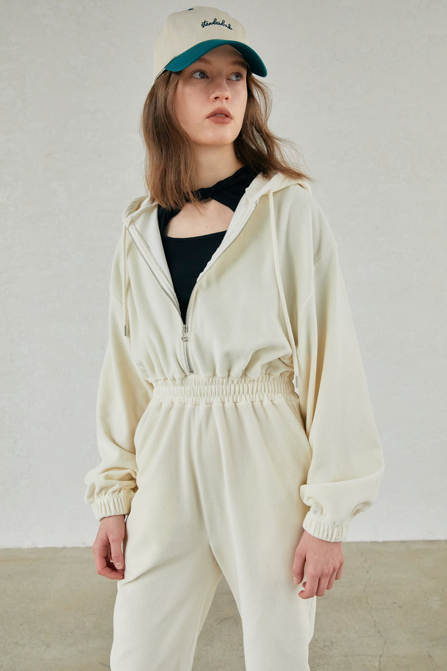 Hooded Corduroy Plush Jumpsuit, Ivory