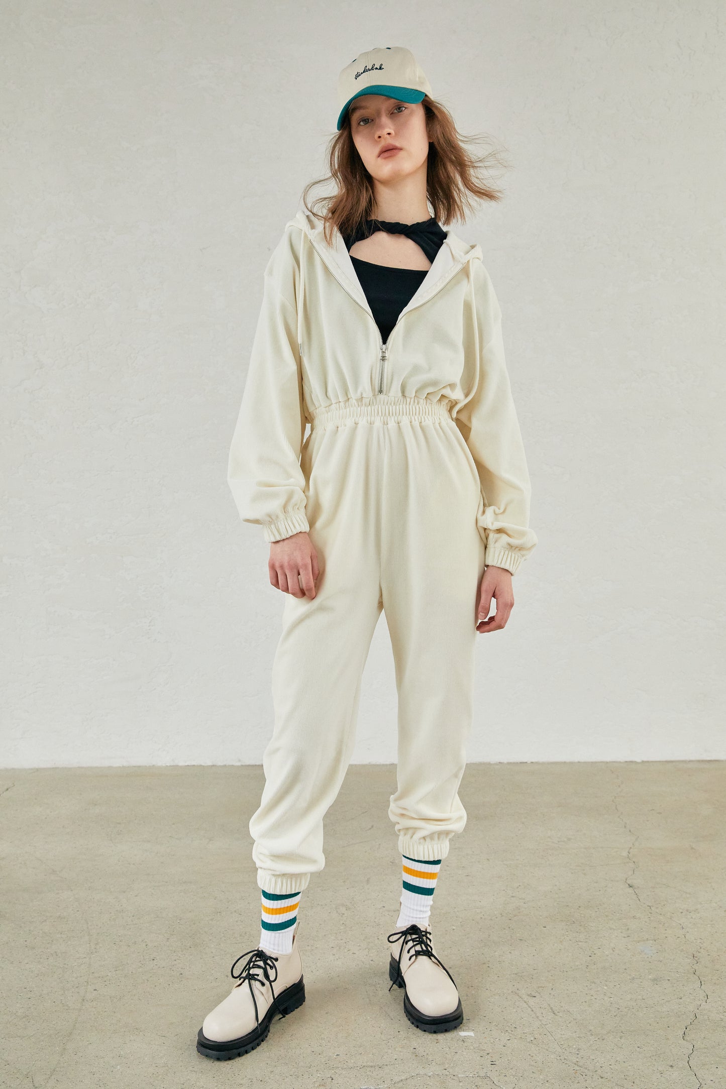 Hooded Corduroy Plush Jumpsuit, Ivory
