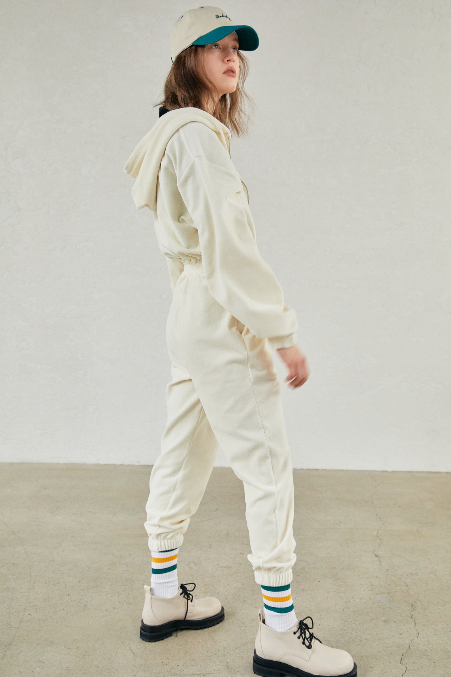 Hooded Corduroy Plush Jumpsuit, Ivory