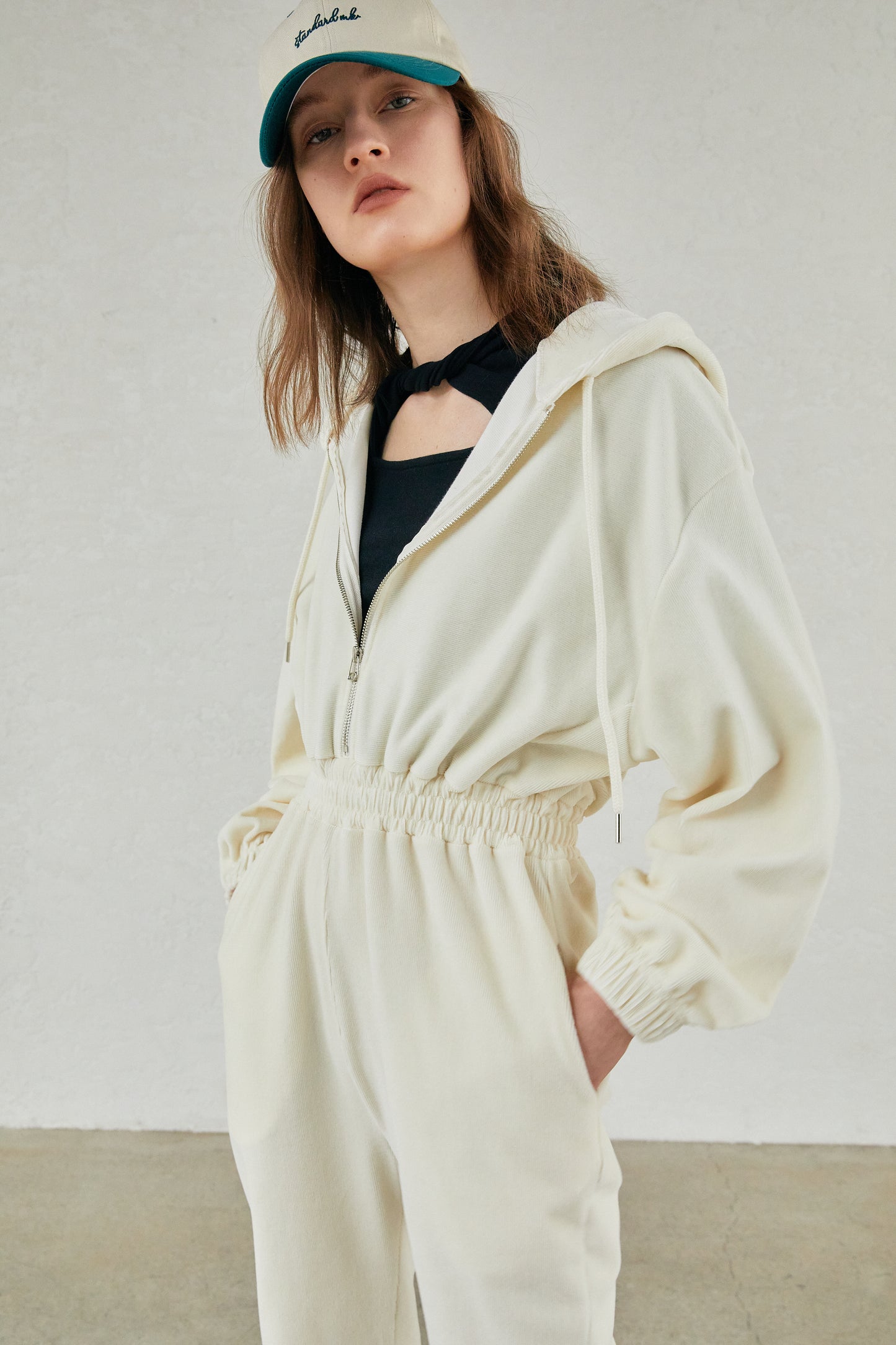 Hooded Corduroy Plush Jumpsuit, Ivory