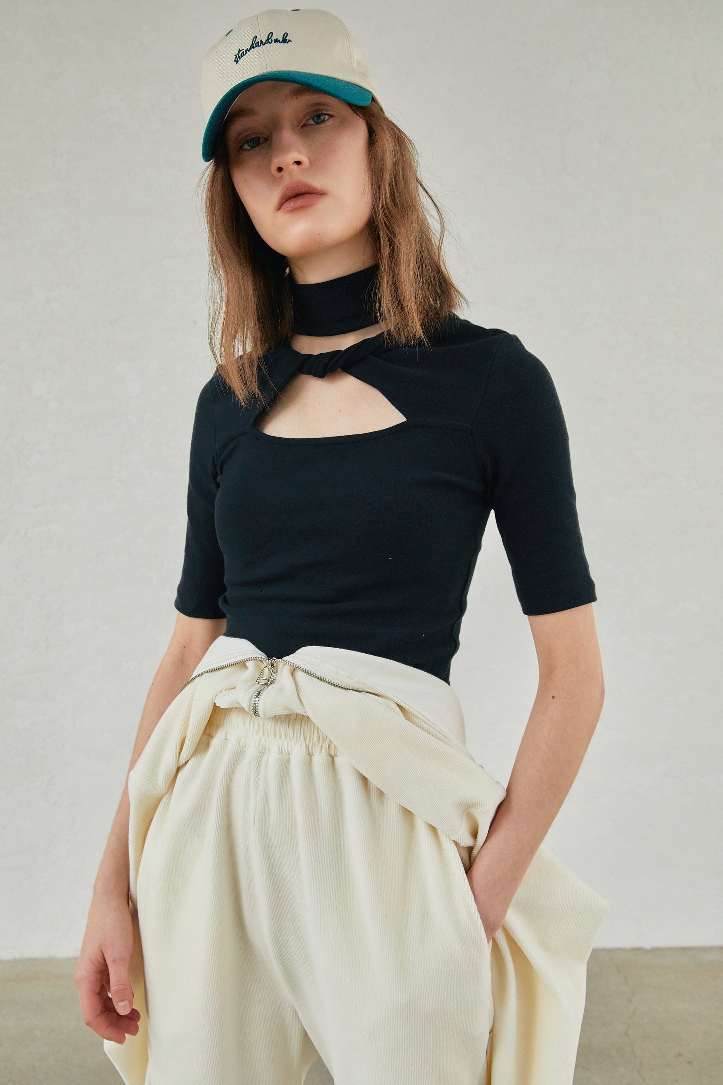 Twisted Cut-Out High Neck Top, Black