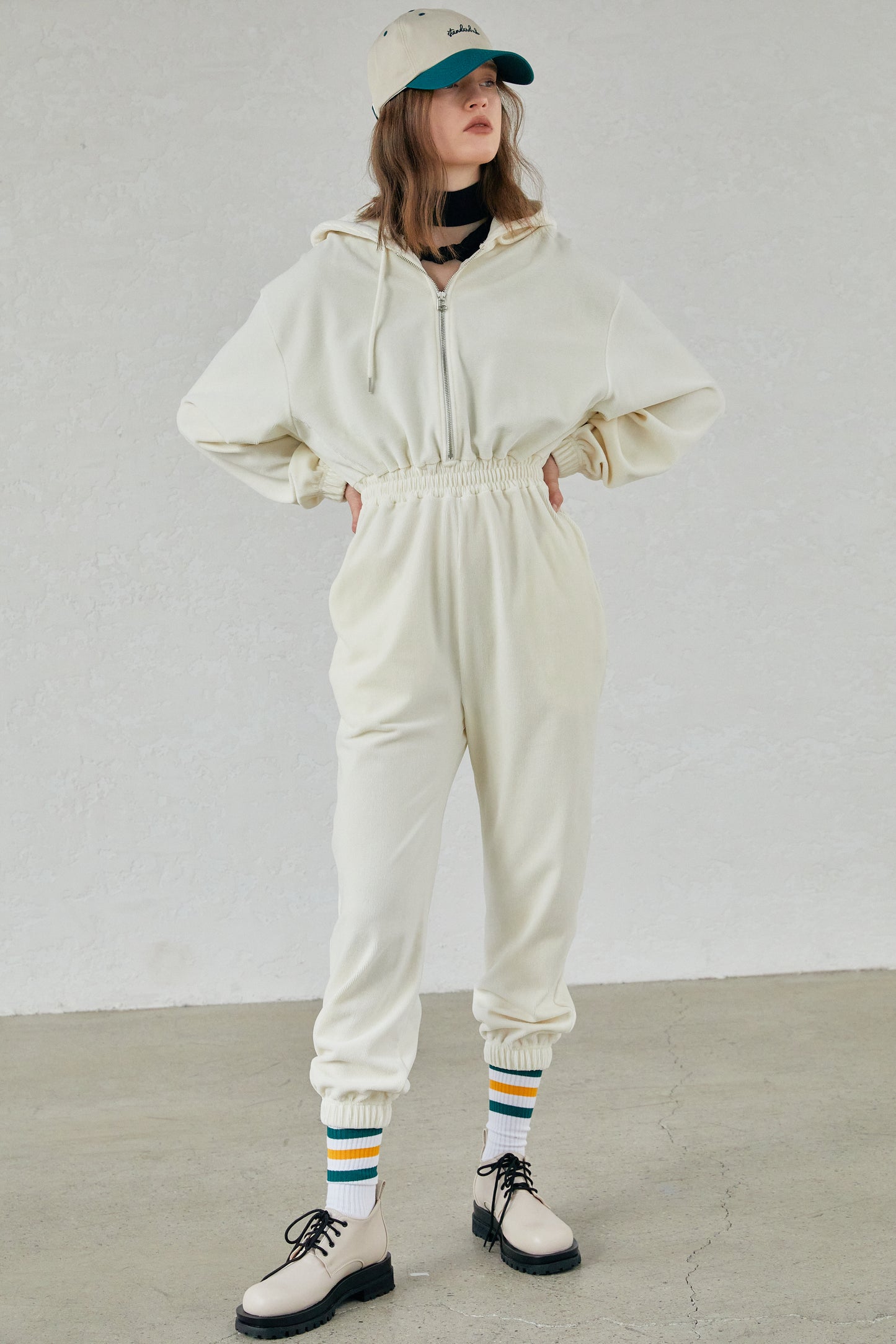 Hooded Corduroy Plush Jumpsuit, Ivory