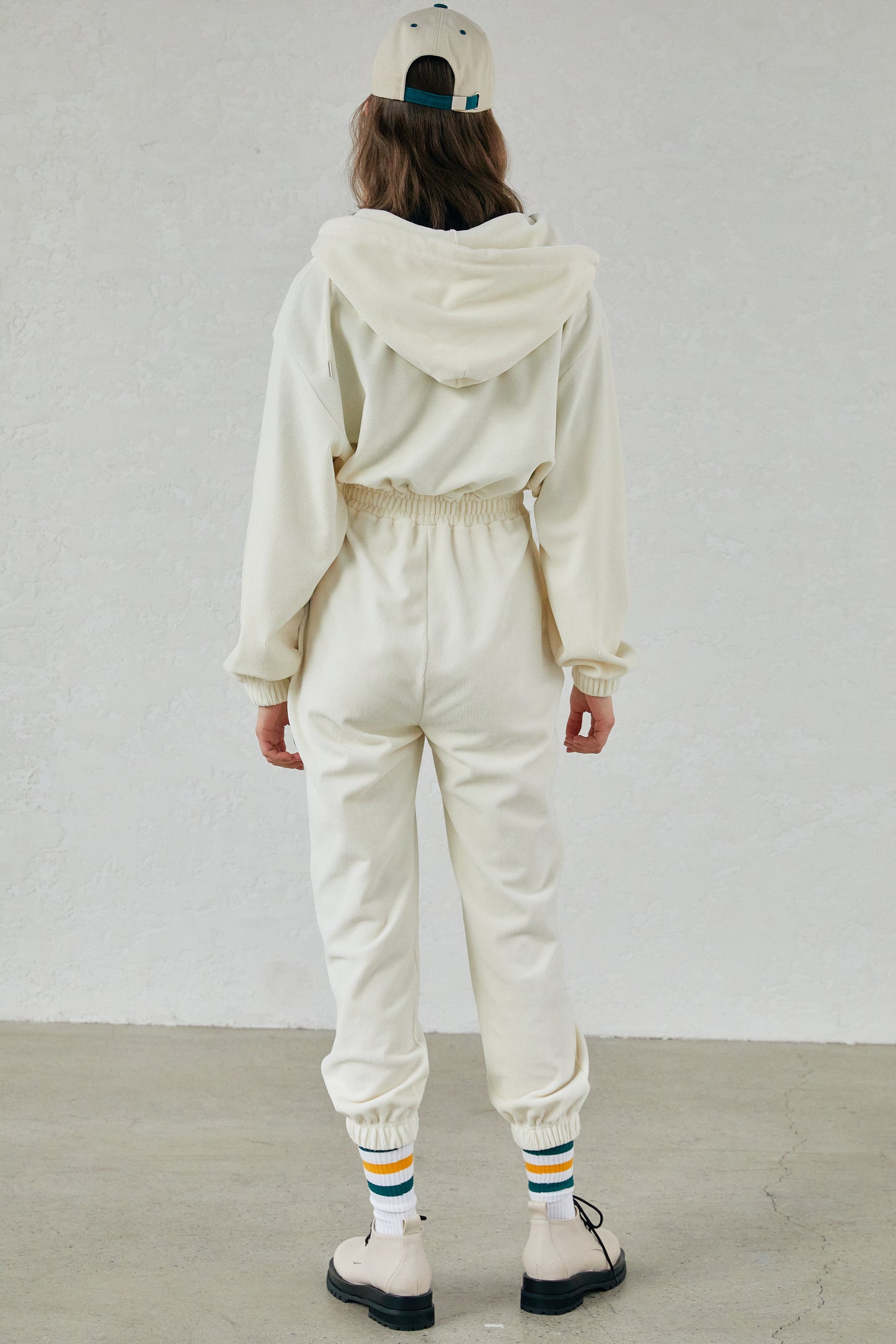 Hooded Corduroy Plush Jumpsuit, Ivory