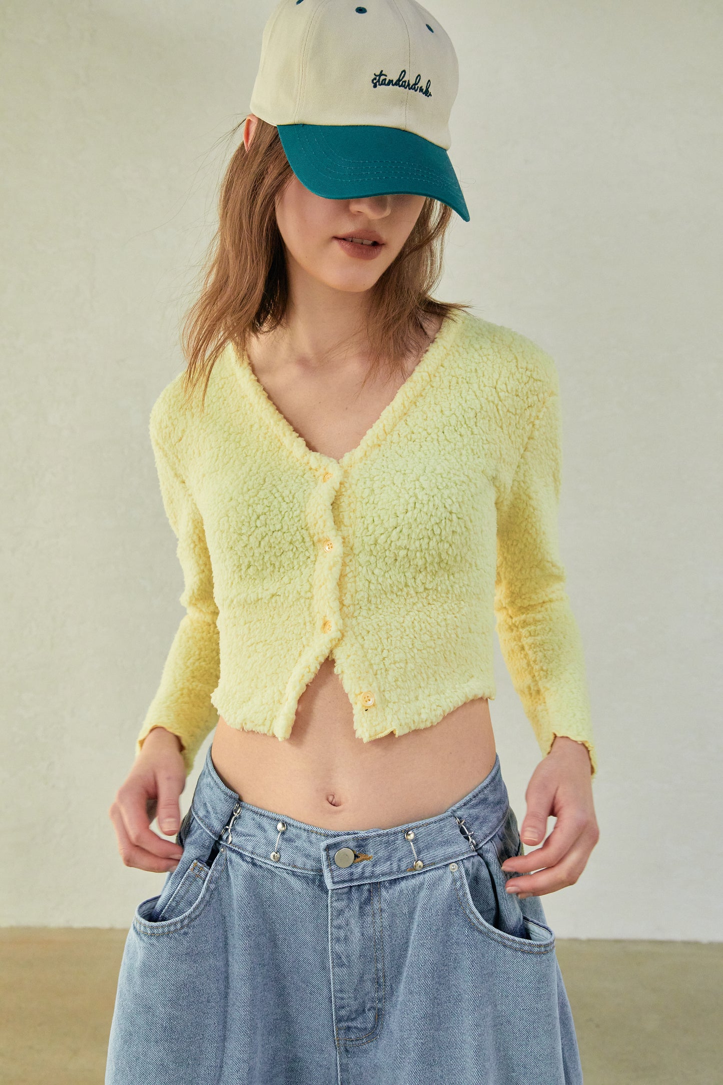 Soft Chenille Cropped Cardigan, Lemon