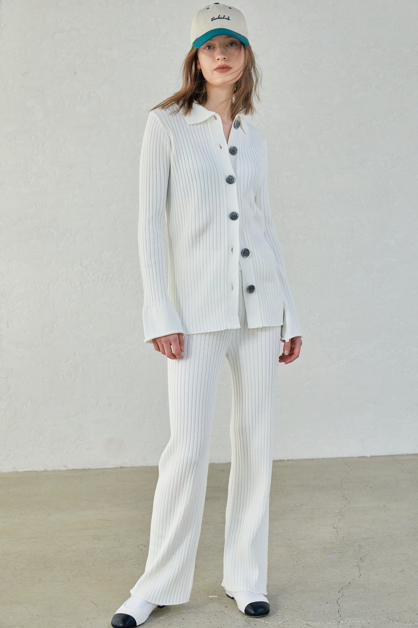 Rib Knit Polo Cardigan, Ivory