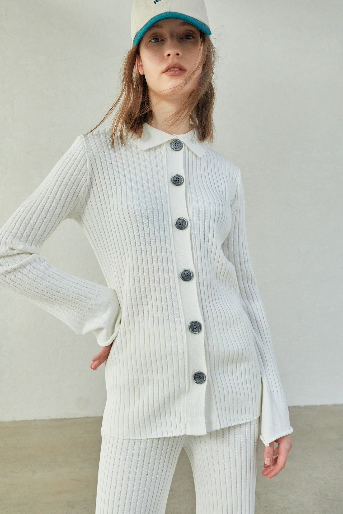 Rib Knit Polo Cardigan, Ivory