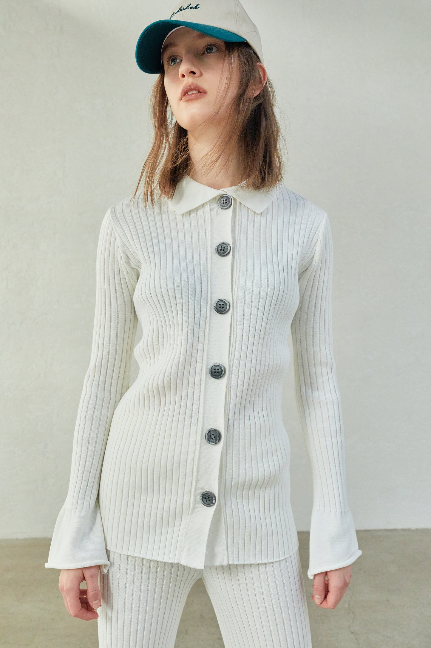 Rib Knit Polo Cardigan, Ivory